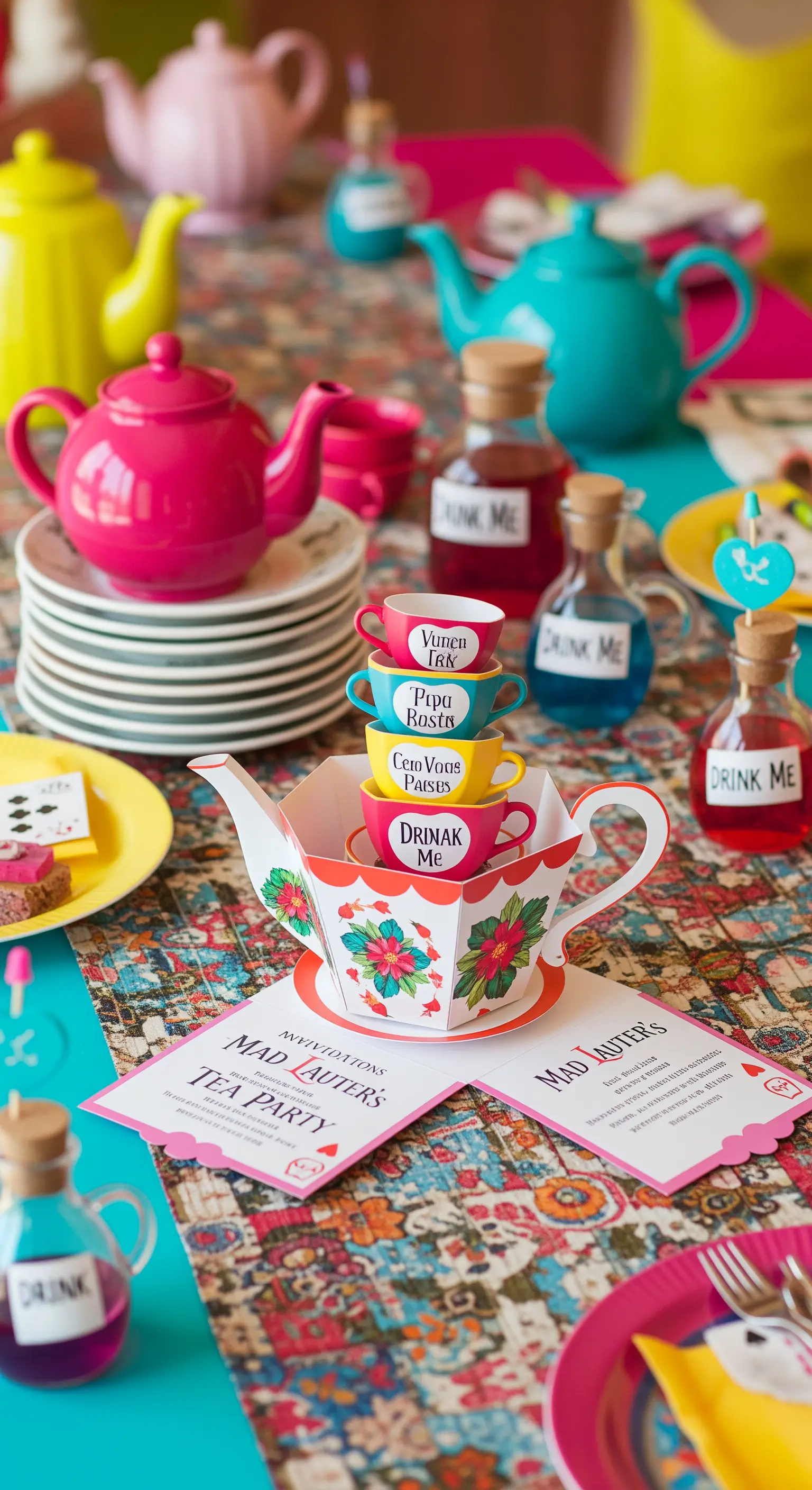 Invito pop-up a forma di teiera per un Mad Hatter's Tea Party, circondato da tazzine e boccette.