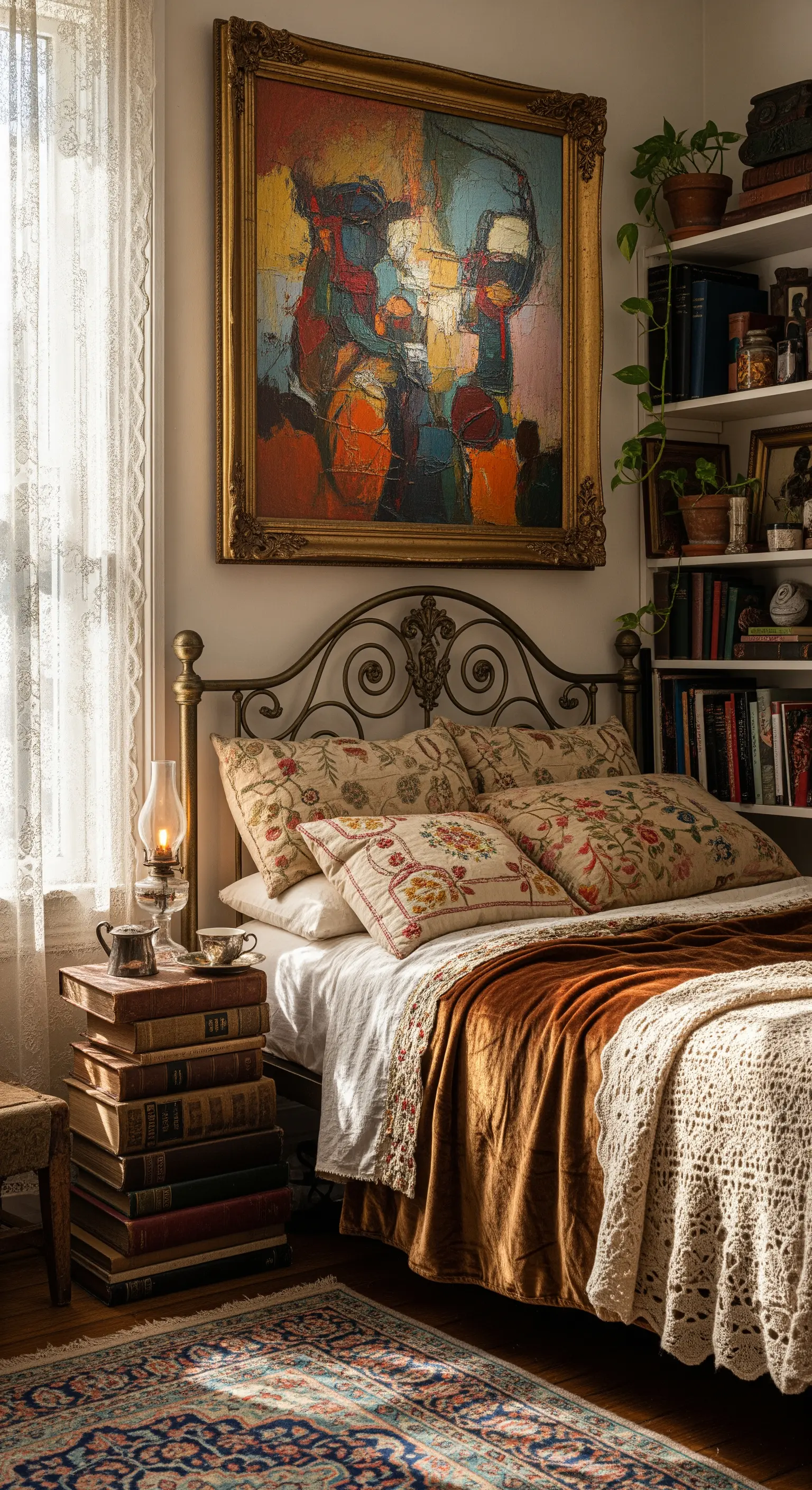 Quadro astratto colorato con cornice dorata vintage in una camera da letto eclettica e piena di libri.