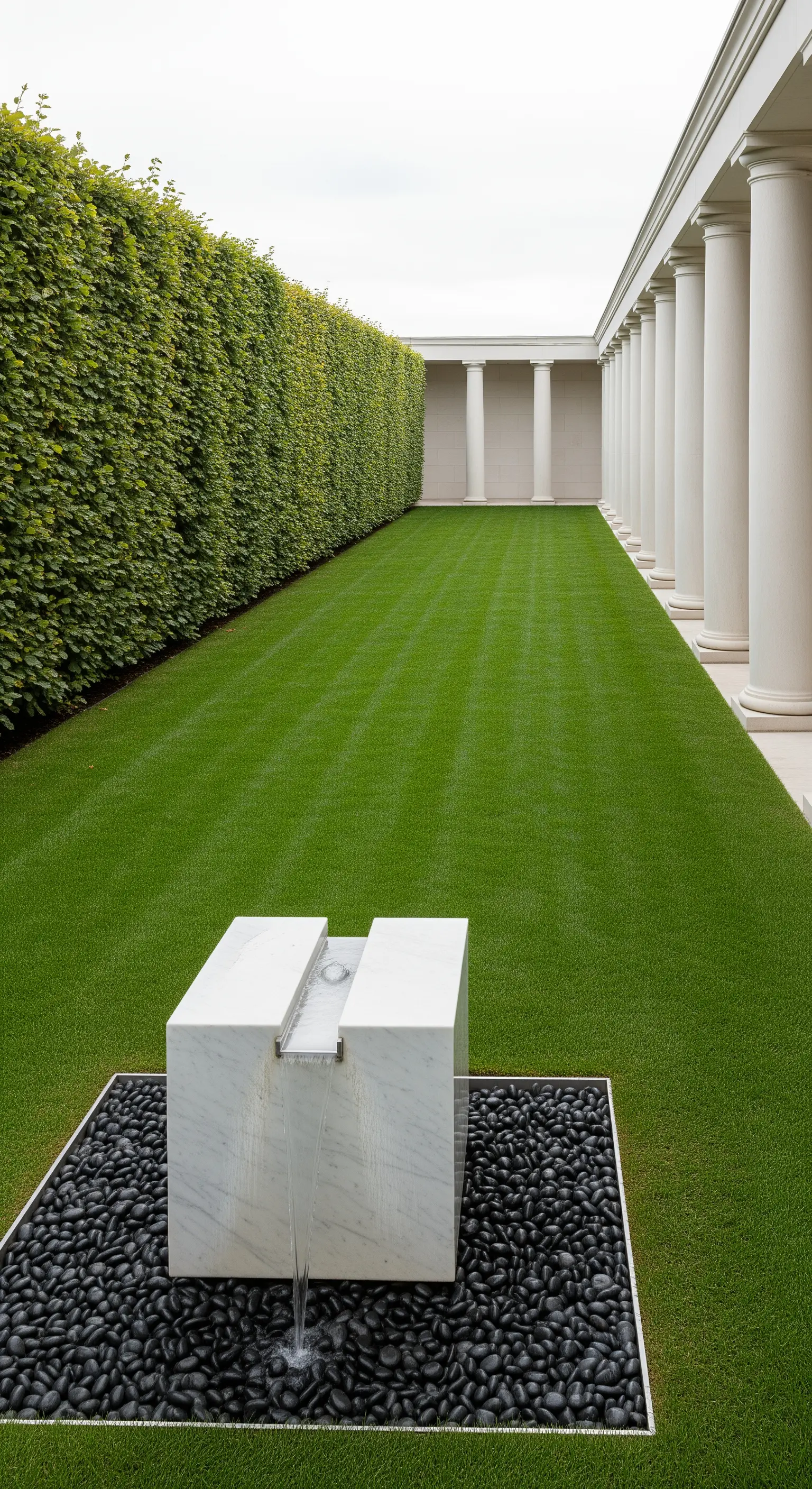 Giardino minimalista con prato perfetto, fontana moderna in marmo e colonne classiche.