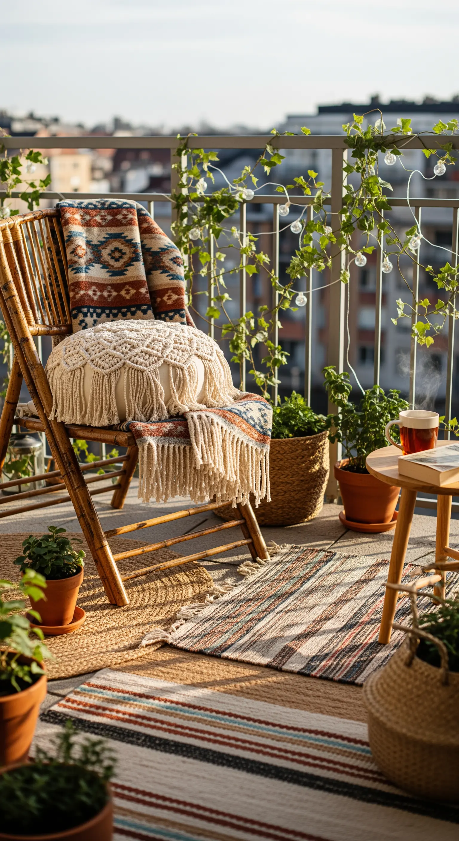 Sedia in bambù con cuscino in macramè e coperta etnica, su un balcone con tappeti e piante.