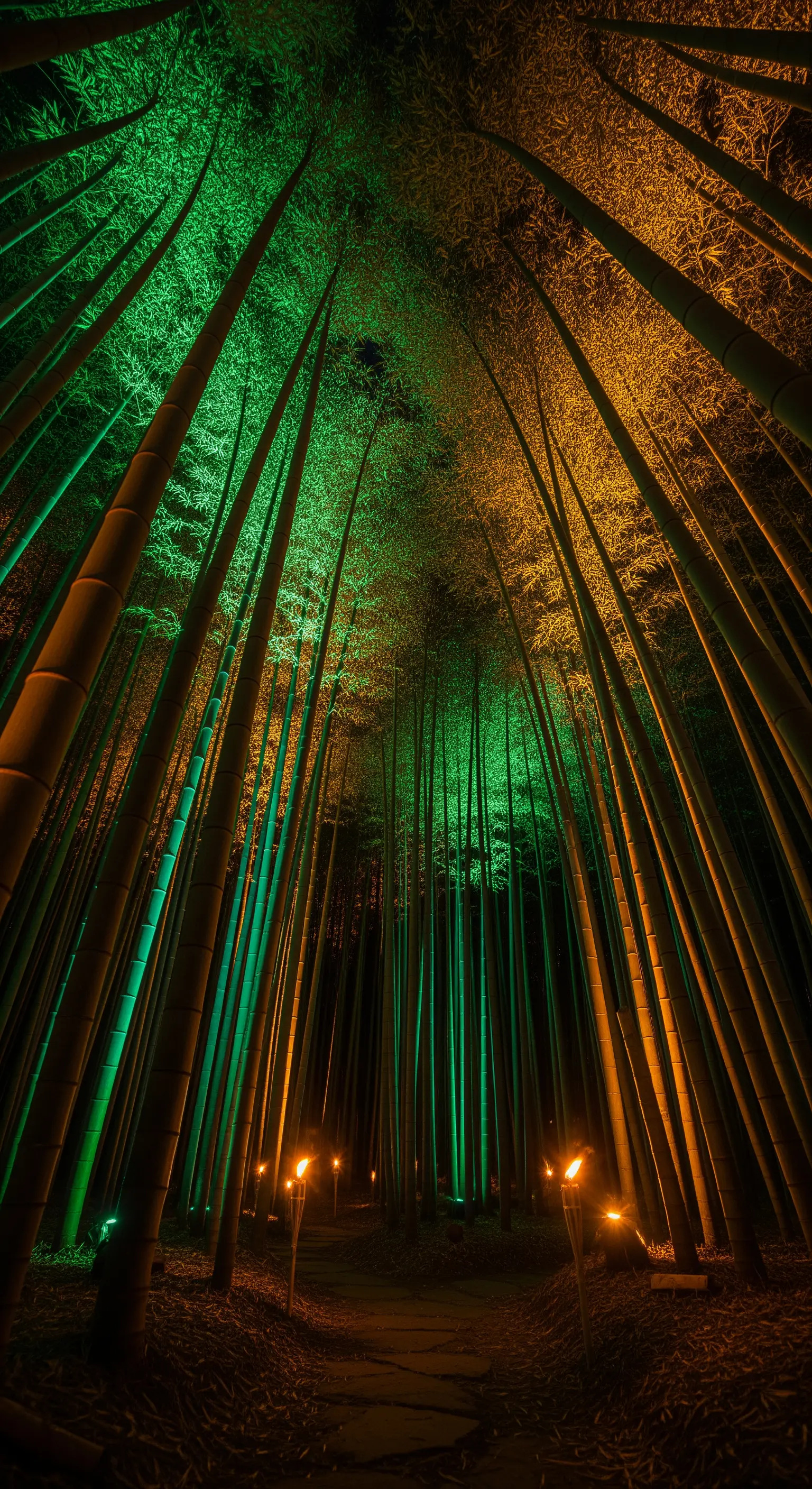 Foresta di bambù illuminata dal basso con luci verdi e ambrate, e alcune torce a terra.