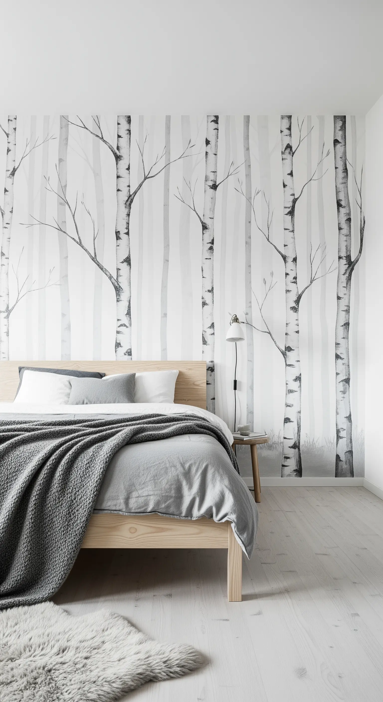 Camera da letto scandinava con murale di una foresta di betulle e letto in legno chiaro.