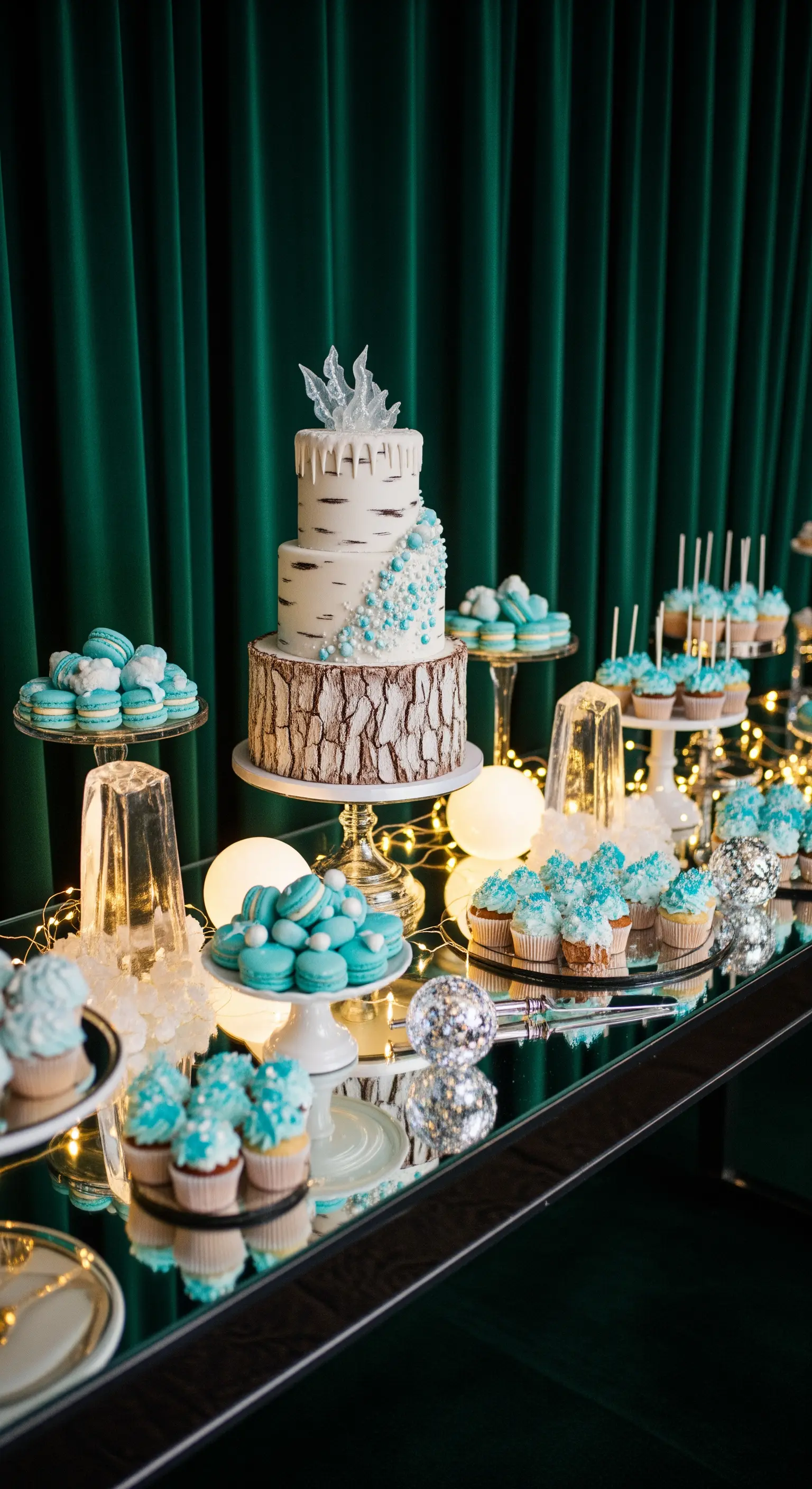Buffet di dolci con torta a tema betulla, macarons turchesi e tende di velluto verde.