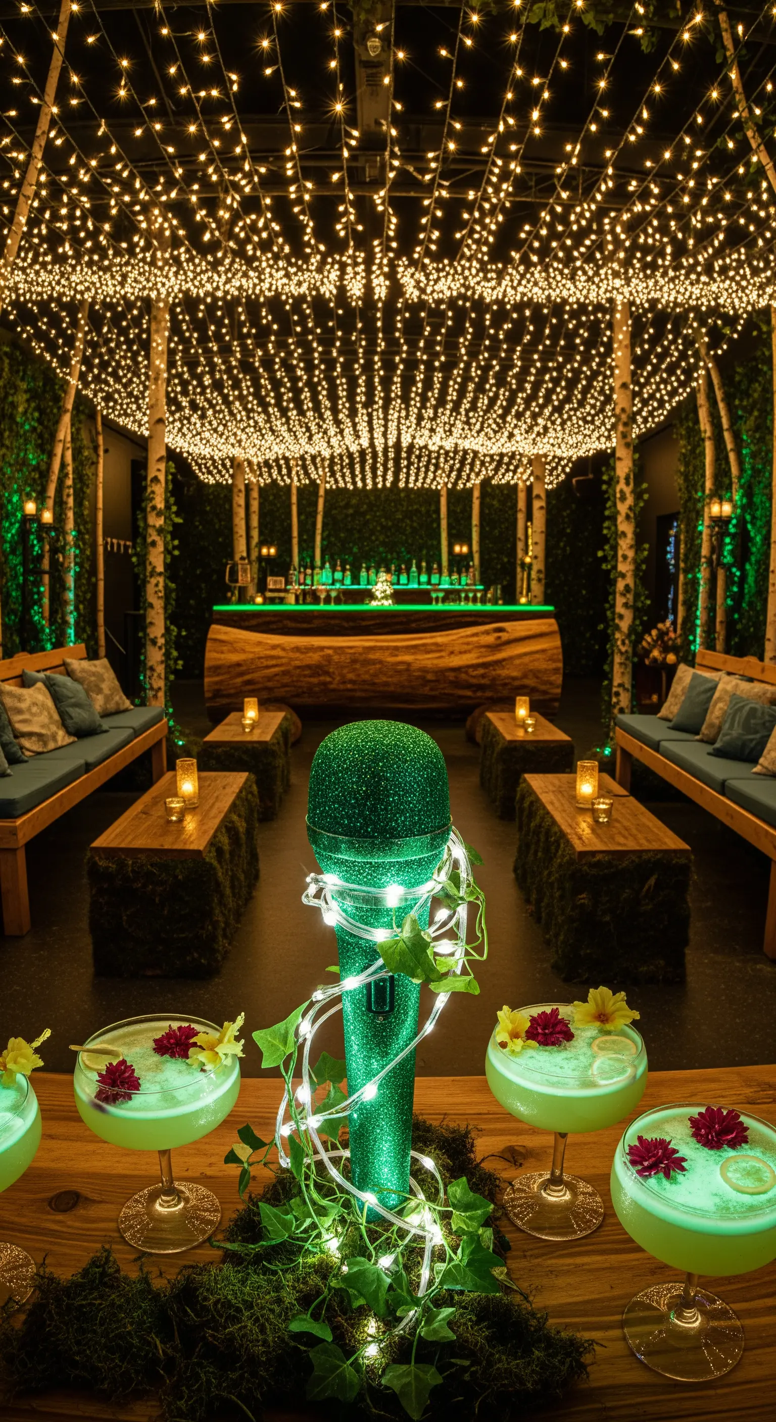 Allestimento karaoke a tema foresta incantata, con un soffitto di lucine e decorazioni naturali.