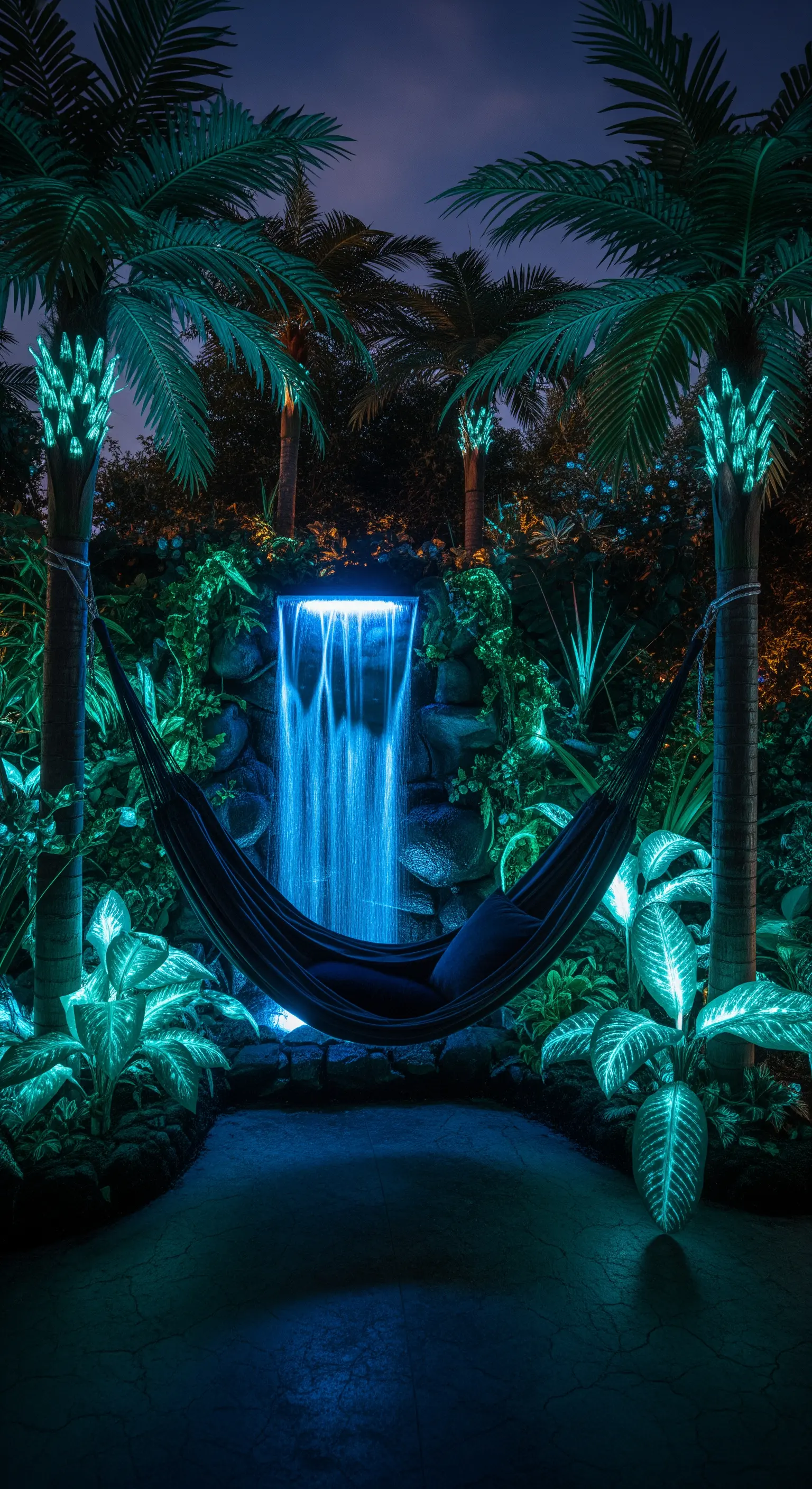 Giardino tropicale di notte illuminato da luci a LED ciano su piante e palme, con cascata e amaca