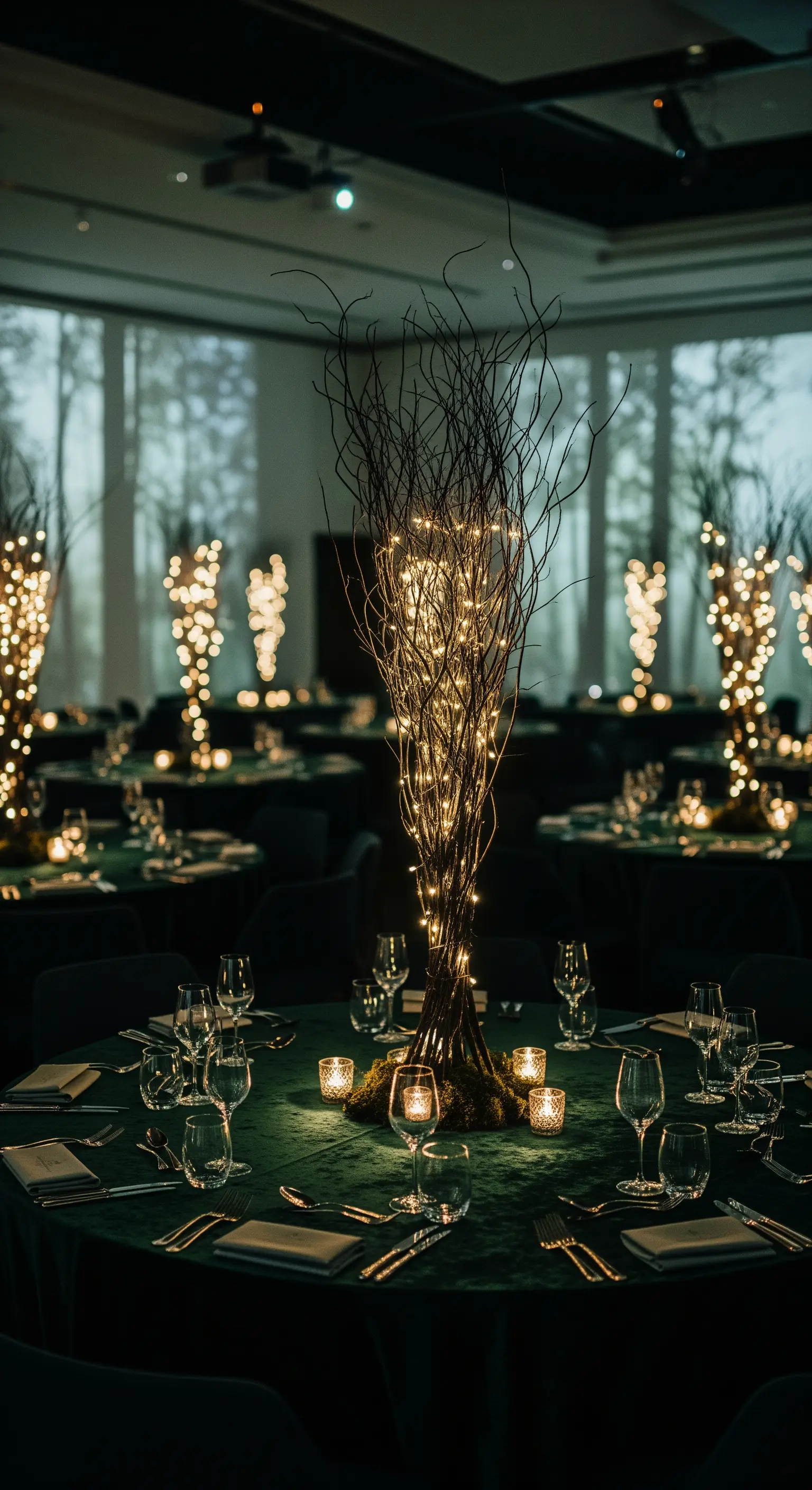 Centrotavola con rami scuri intrecciati con lucine calde su una tavola verde scuro.