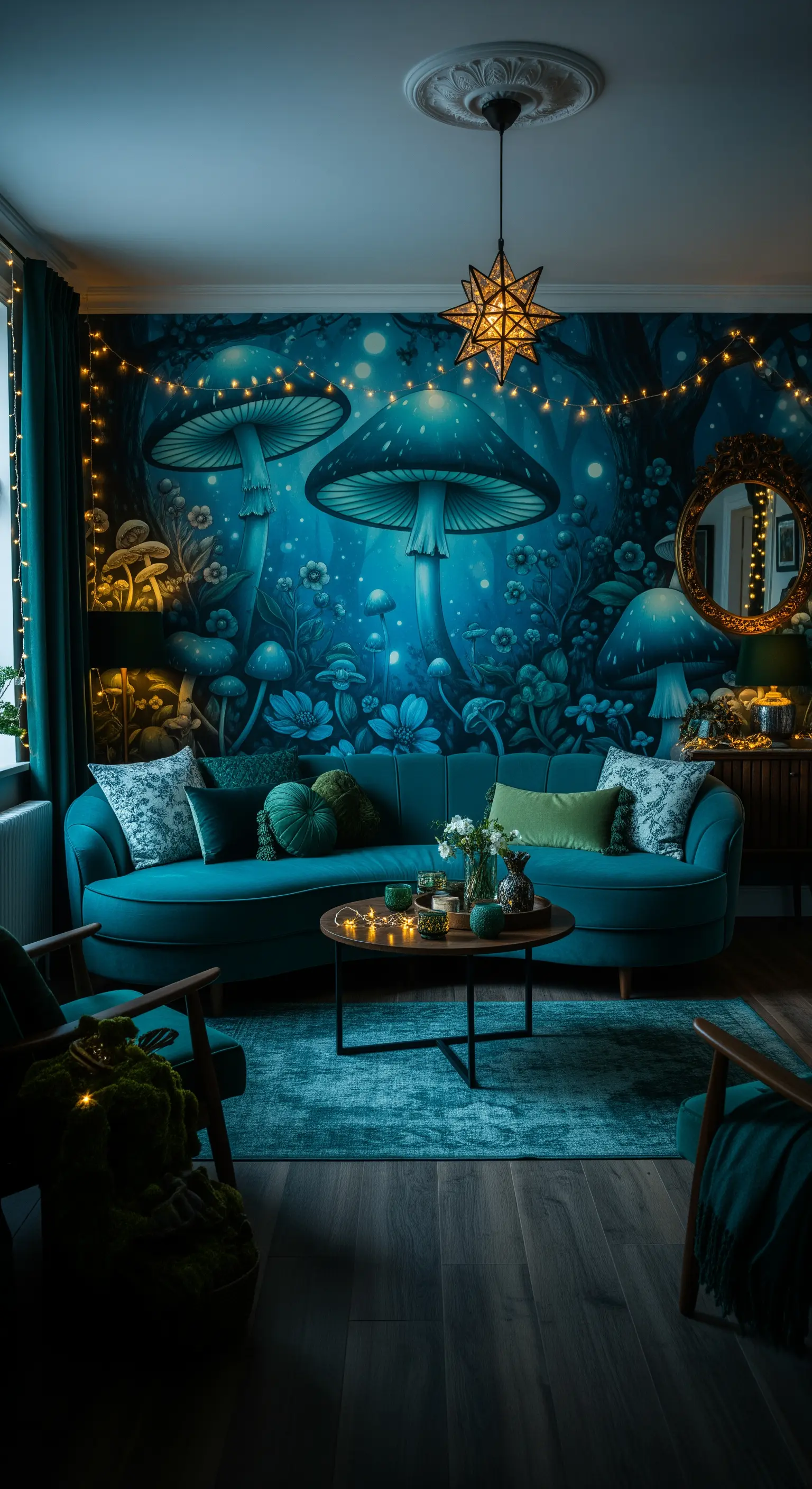 Salotto suggestivo con murale di una foresta incantata e un divano curvo color ottanio.