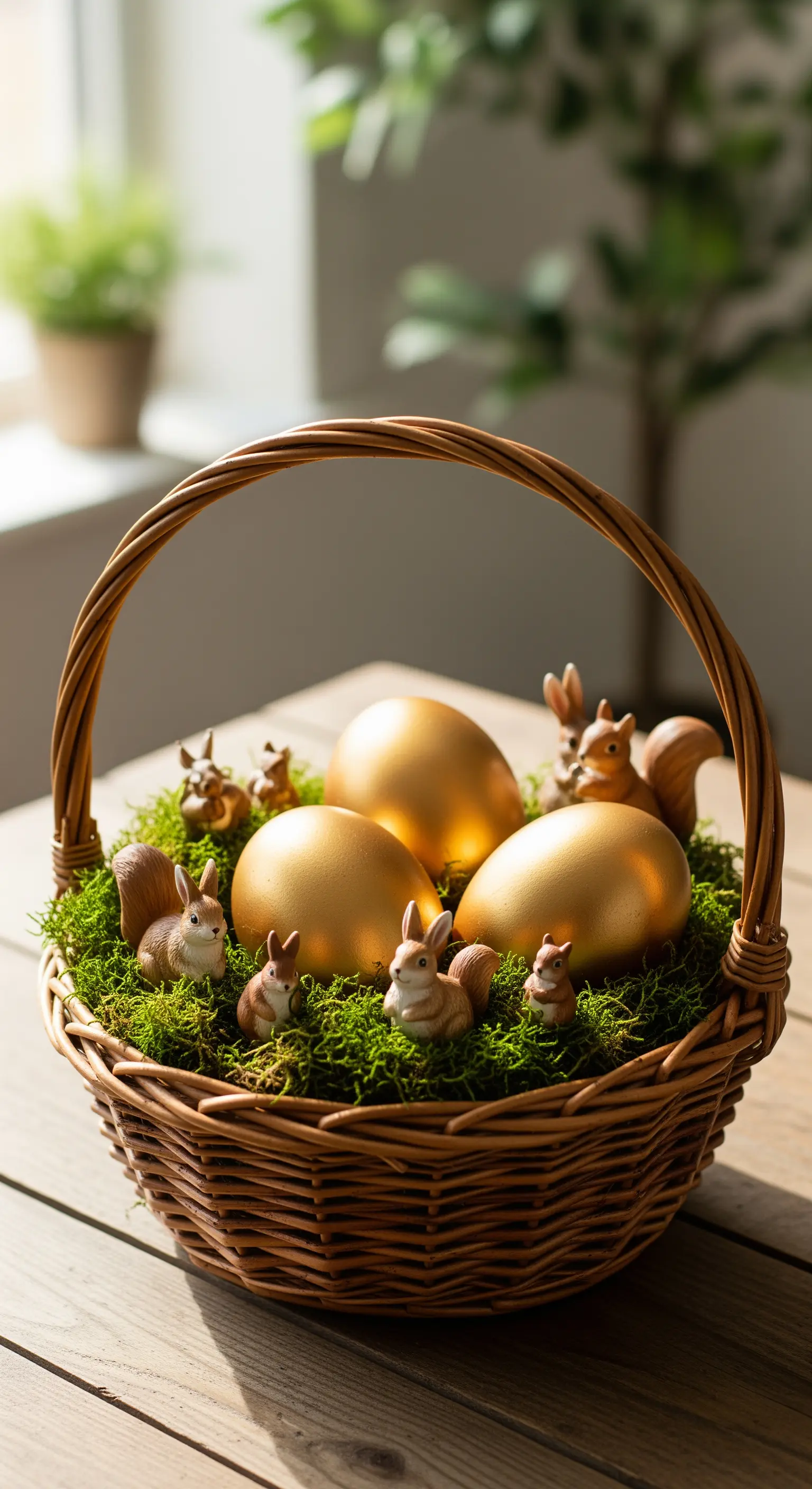 Cestino di vimini con muschio, tre uova dorate e piccole statuine di scoiattoli.