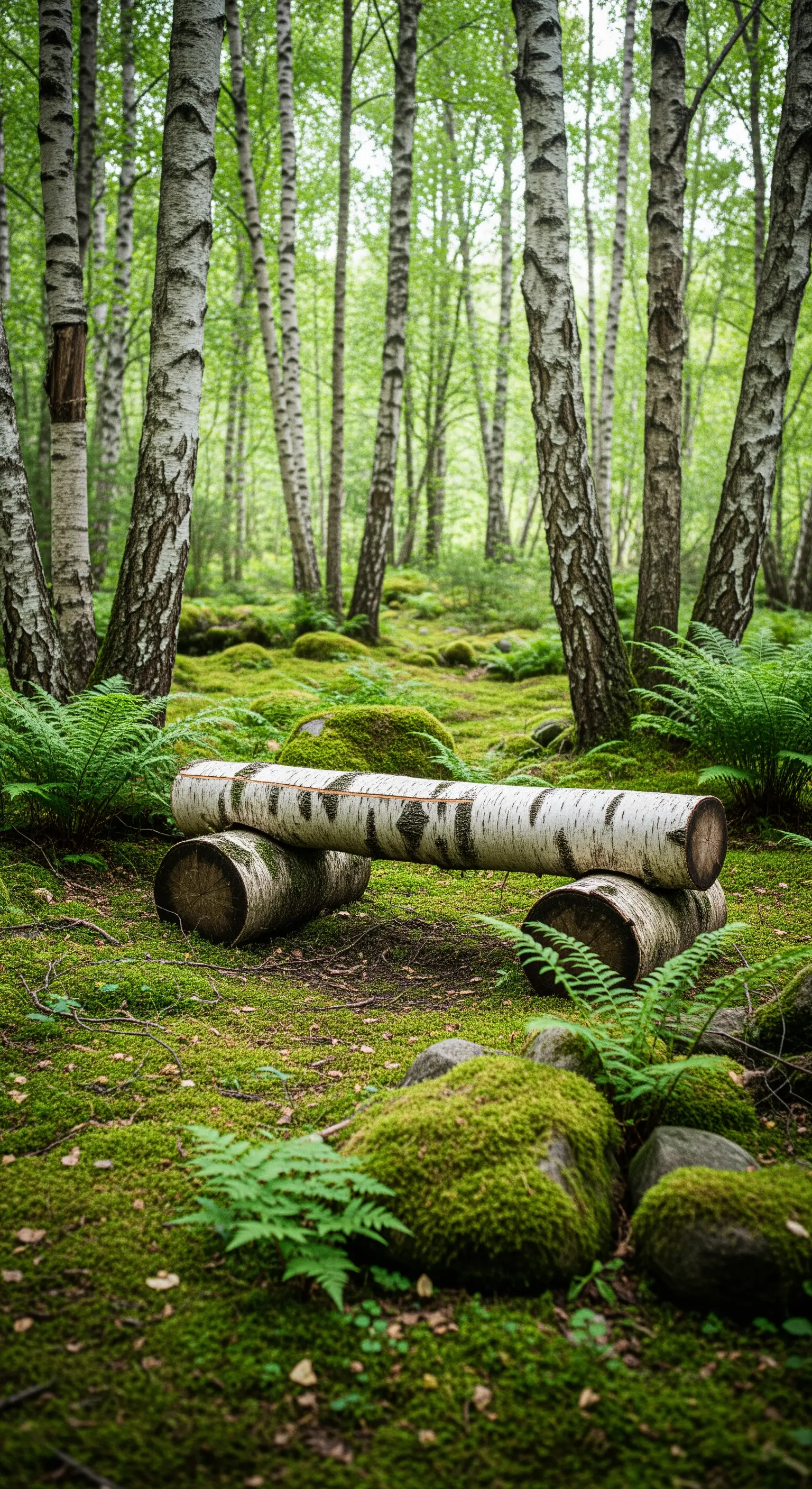 Panchina rustica fatta con tronchi di betulla in una foresta verde ricca di muschio e felci.