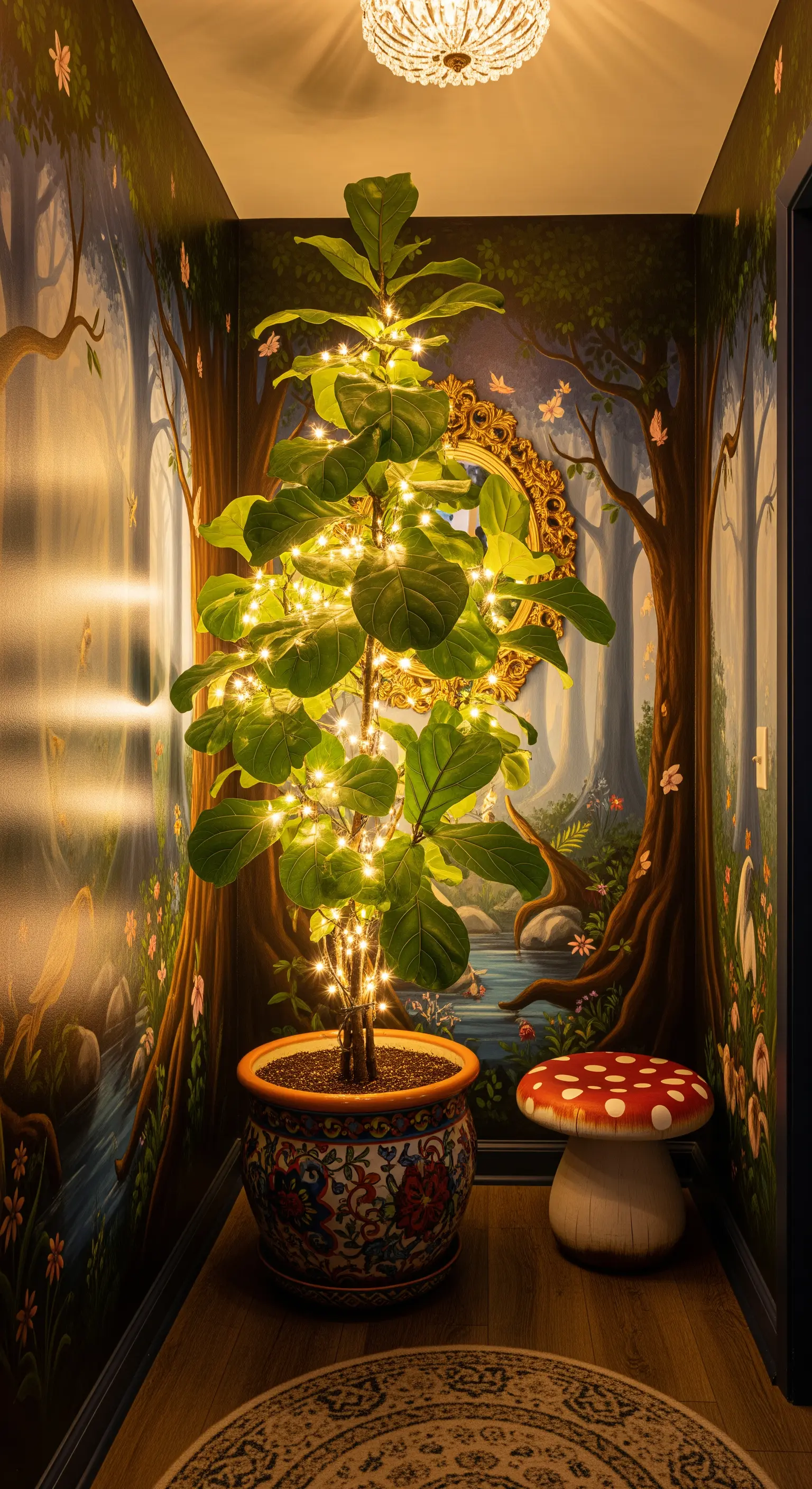 Ficus lyrata decorato con lucine in un piccolo corridoio con un murale a tema bosco incantato.