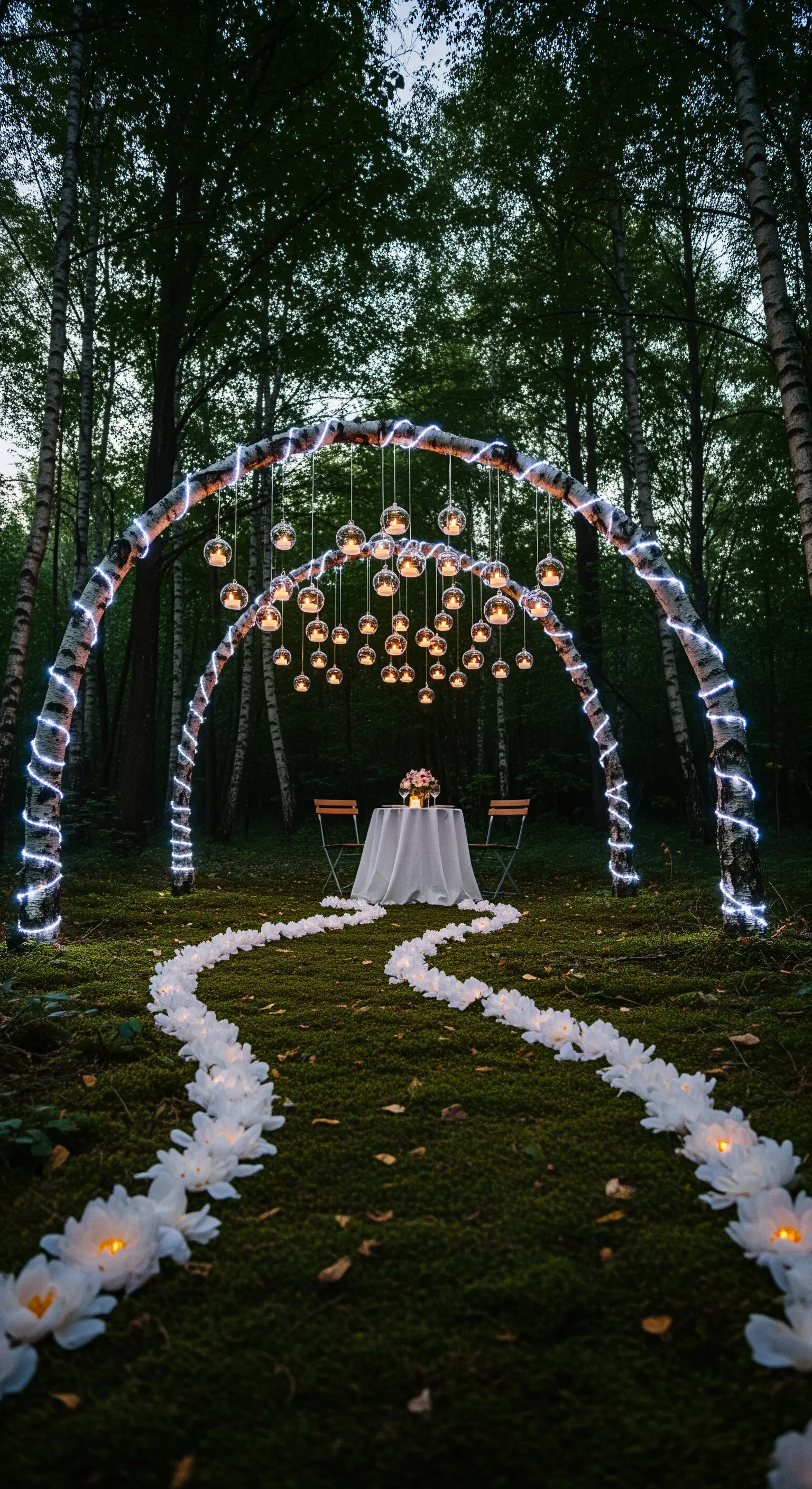 Tavolo per cena romantica in una foresta, sotto archi illuminati con candele sospese.