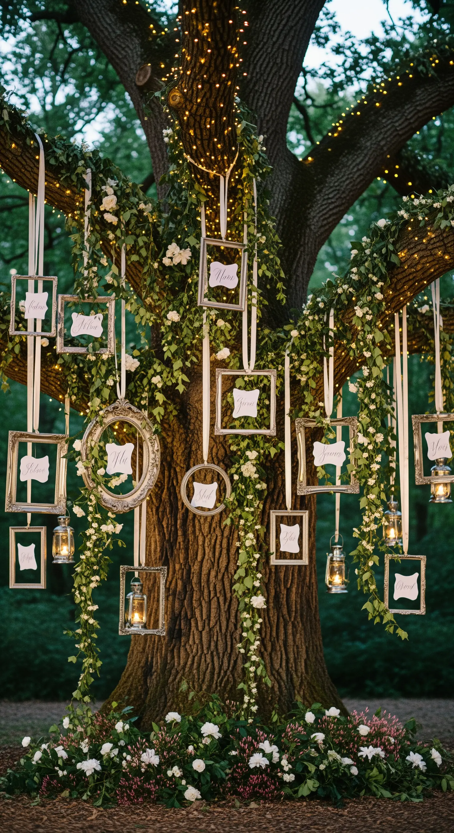Tableau mariage con cornici vintage appese a un grande albero illuminato da lucine.