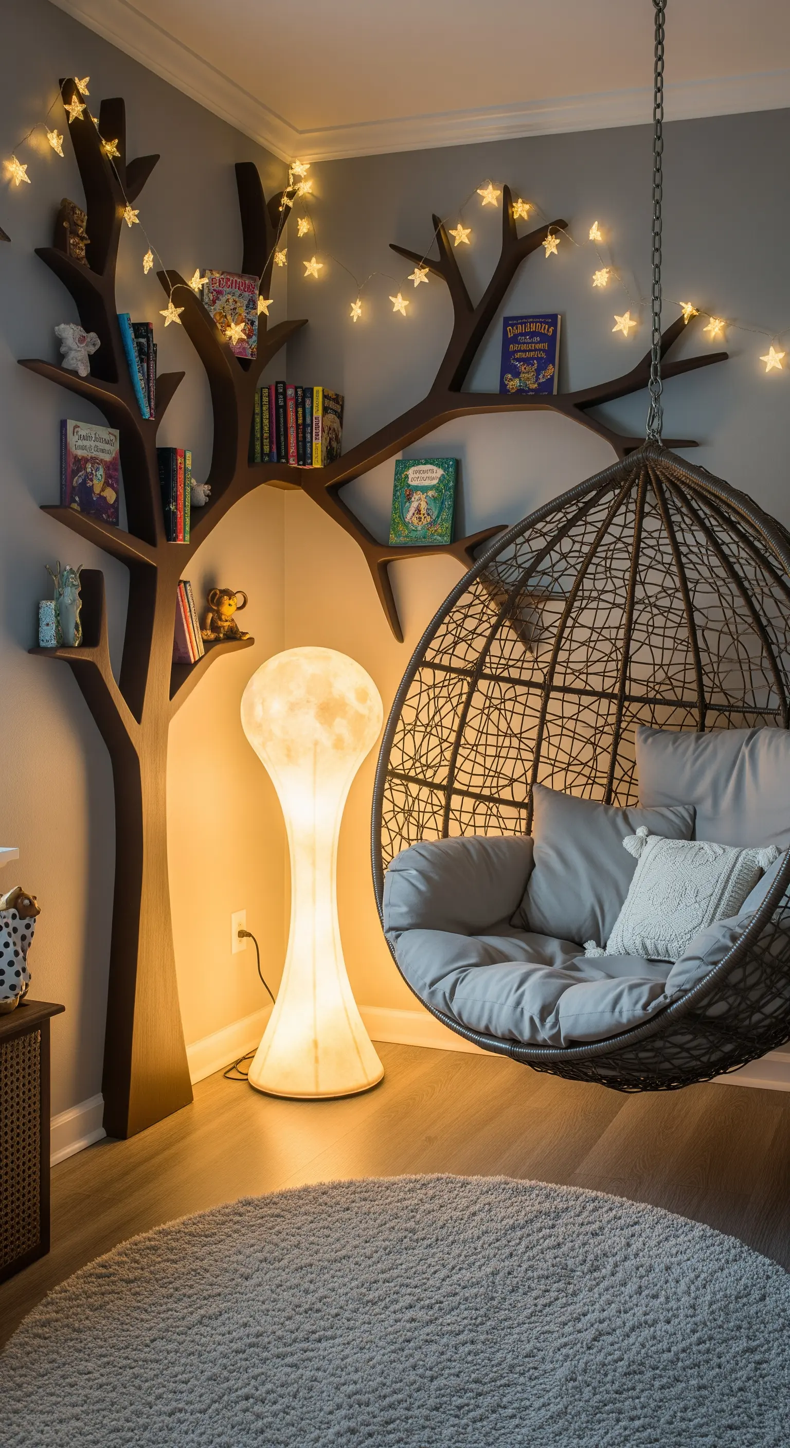 Angolo lettura per bambini con sedia sospesa, libreria a forma di albero e lucine.