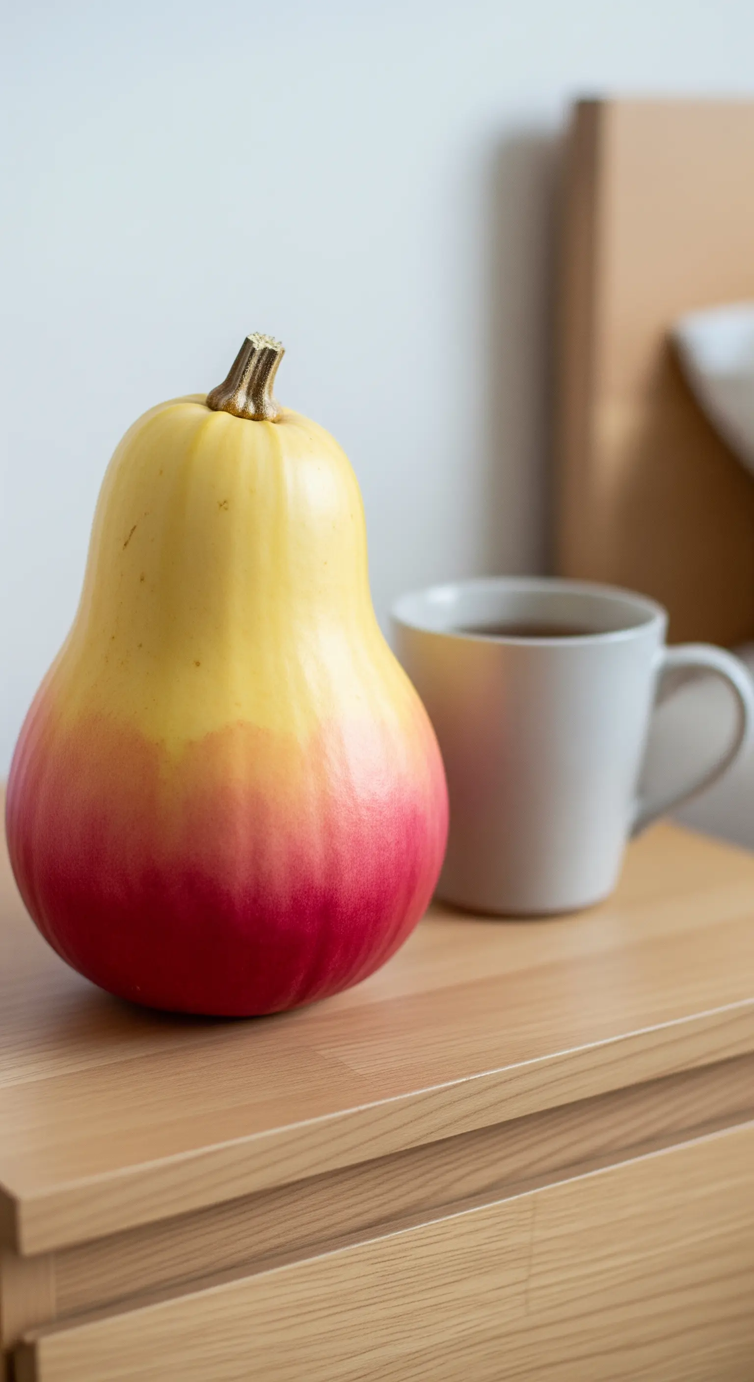 Zucca a forma di pera con una sfumatura di colore che va dal rosso al giallo, su un comodino.
