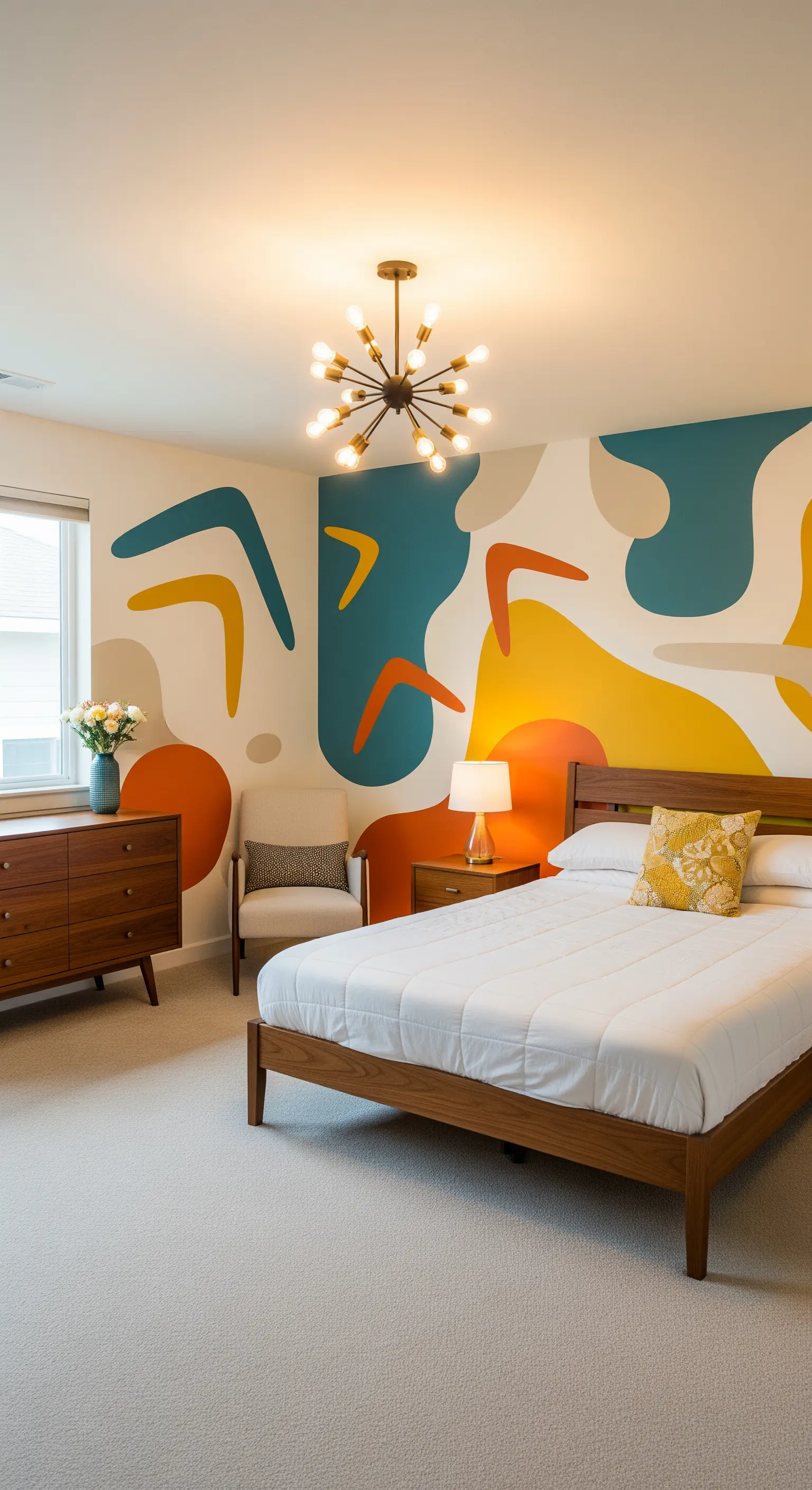 Camera da letto con murale astratto colorato in stile Mid-Century e mobili in legno.