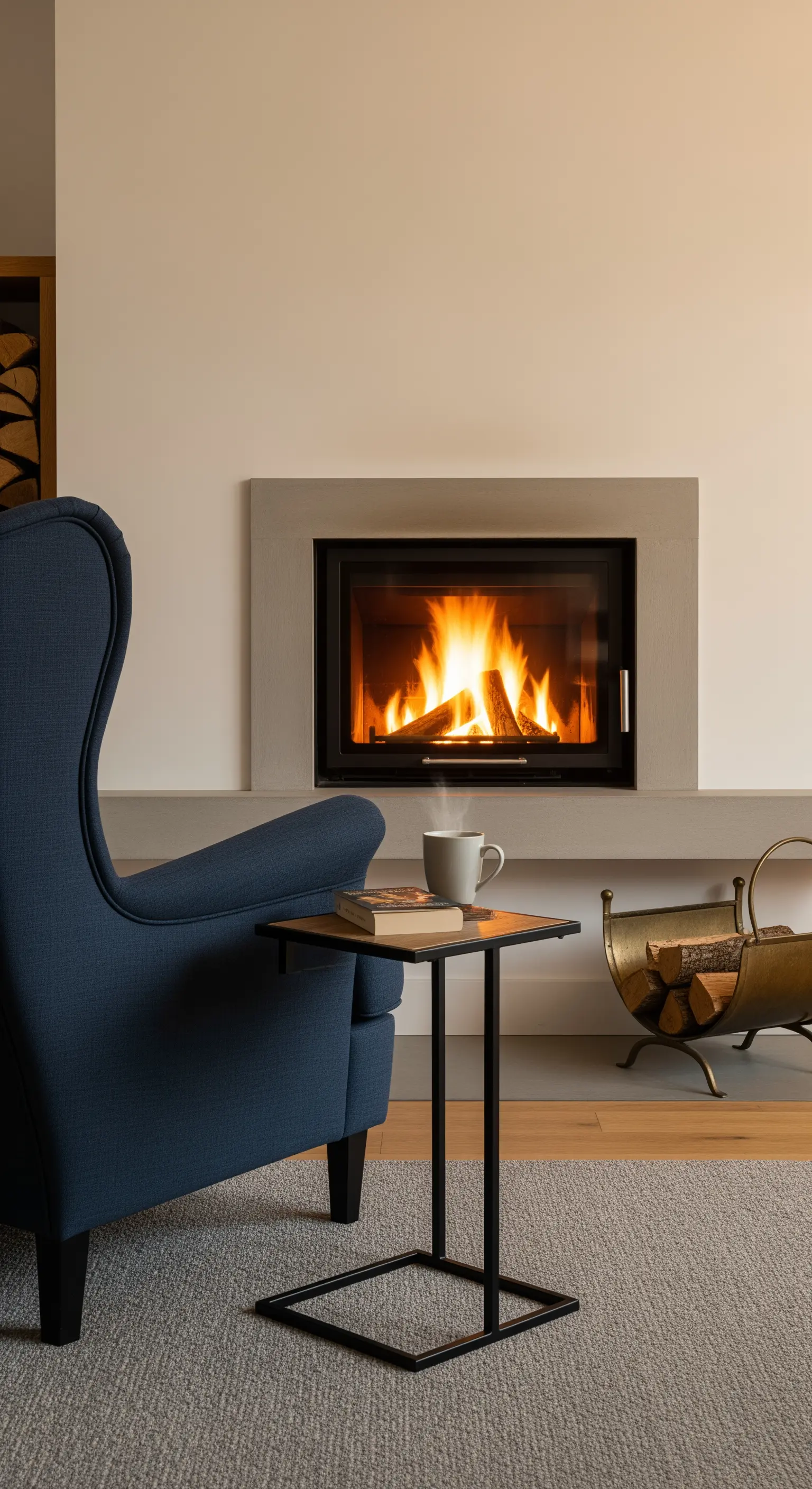 Poltrona a orecchioni blu accanto a un camino moderno e un tavolino nero.