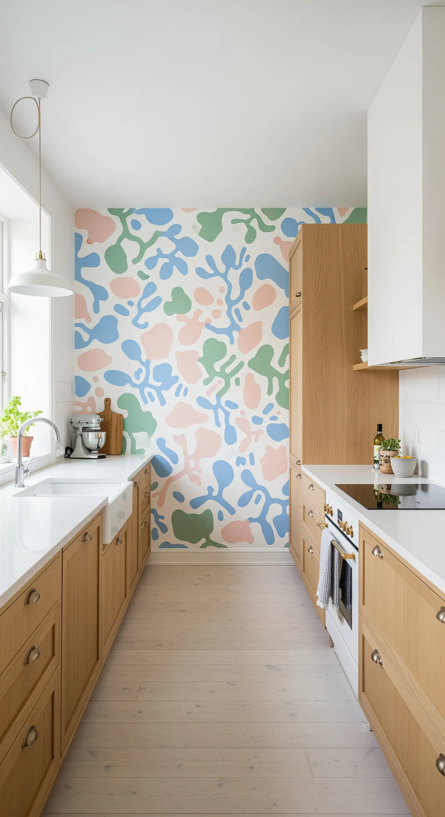 Cucina scandinava con murale astratto color pastello e mobili in legno chiaro.