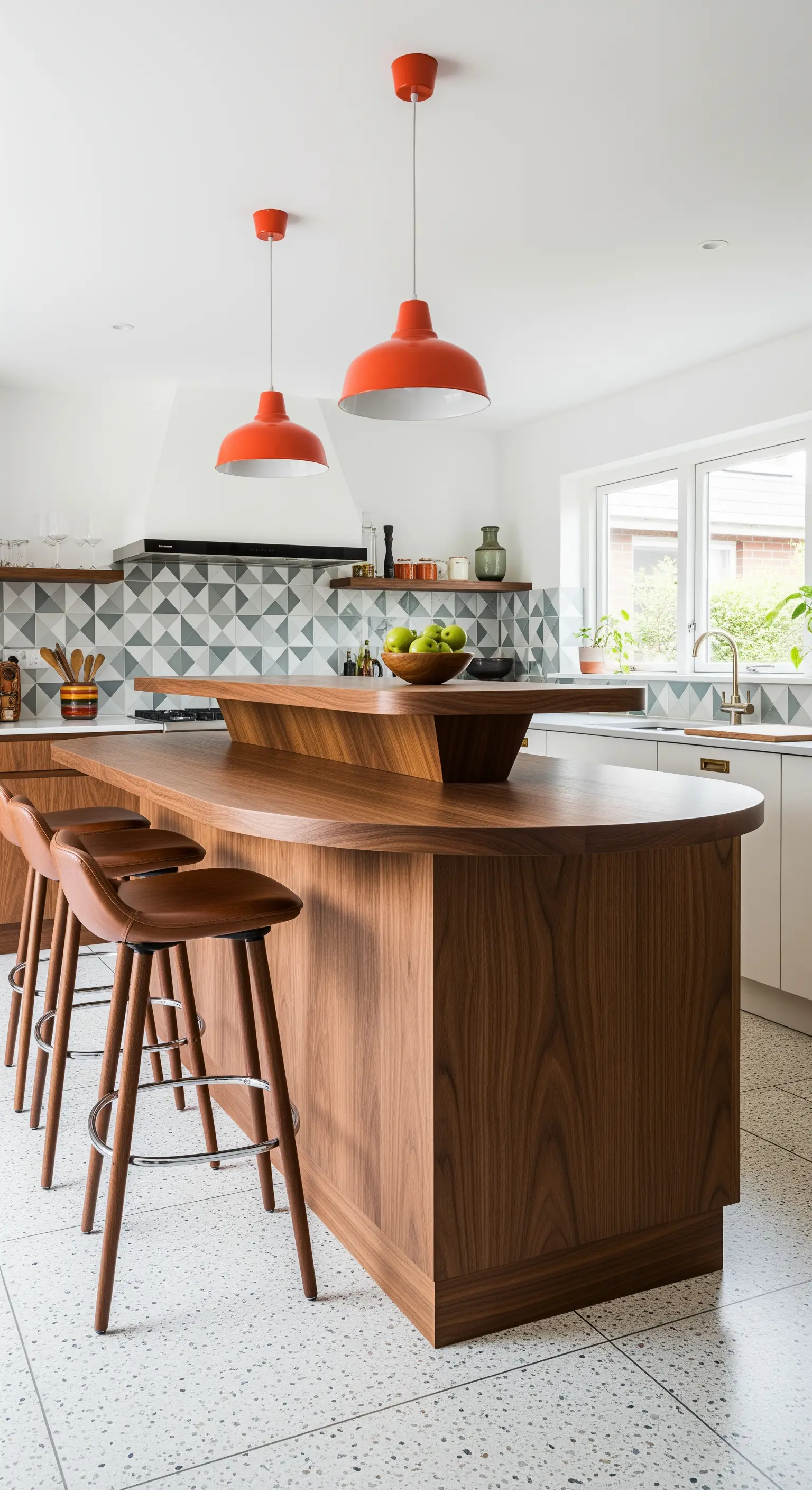 Isola da cucina Mid-Century in noce con forme arrotondate e sgabelli in pelle marrone.