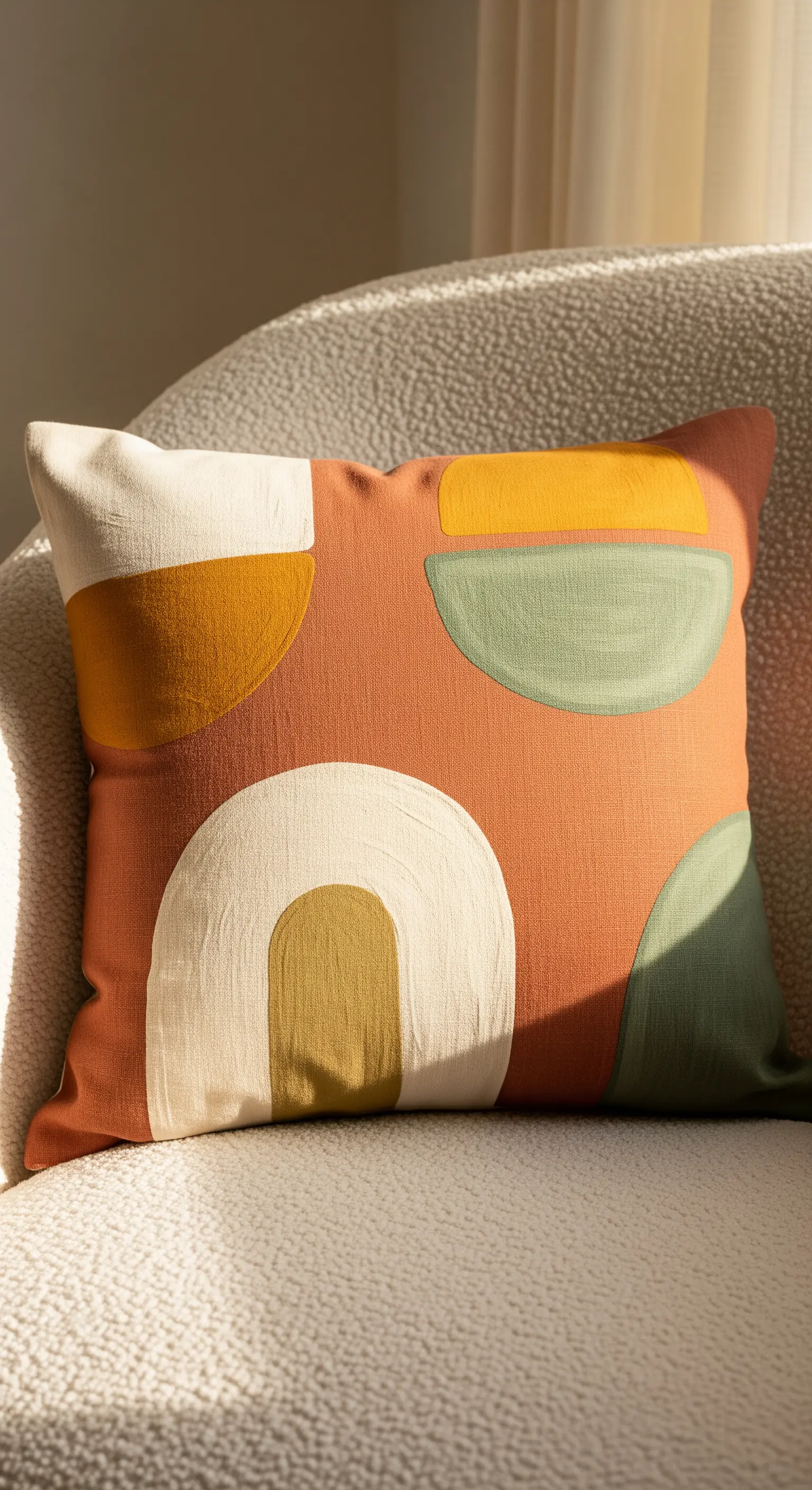 Cuscino color terracotta con forme organiche dipinte in toni naturali come ocra e verde salvia.