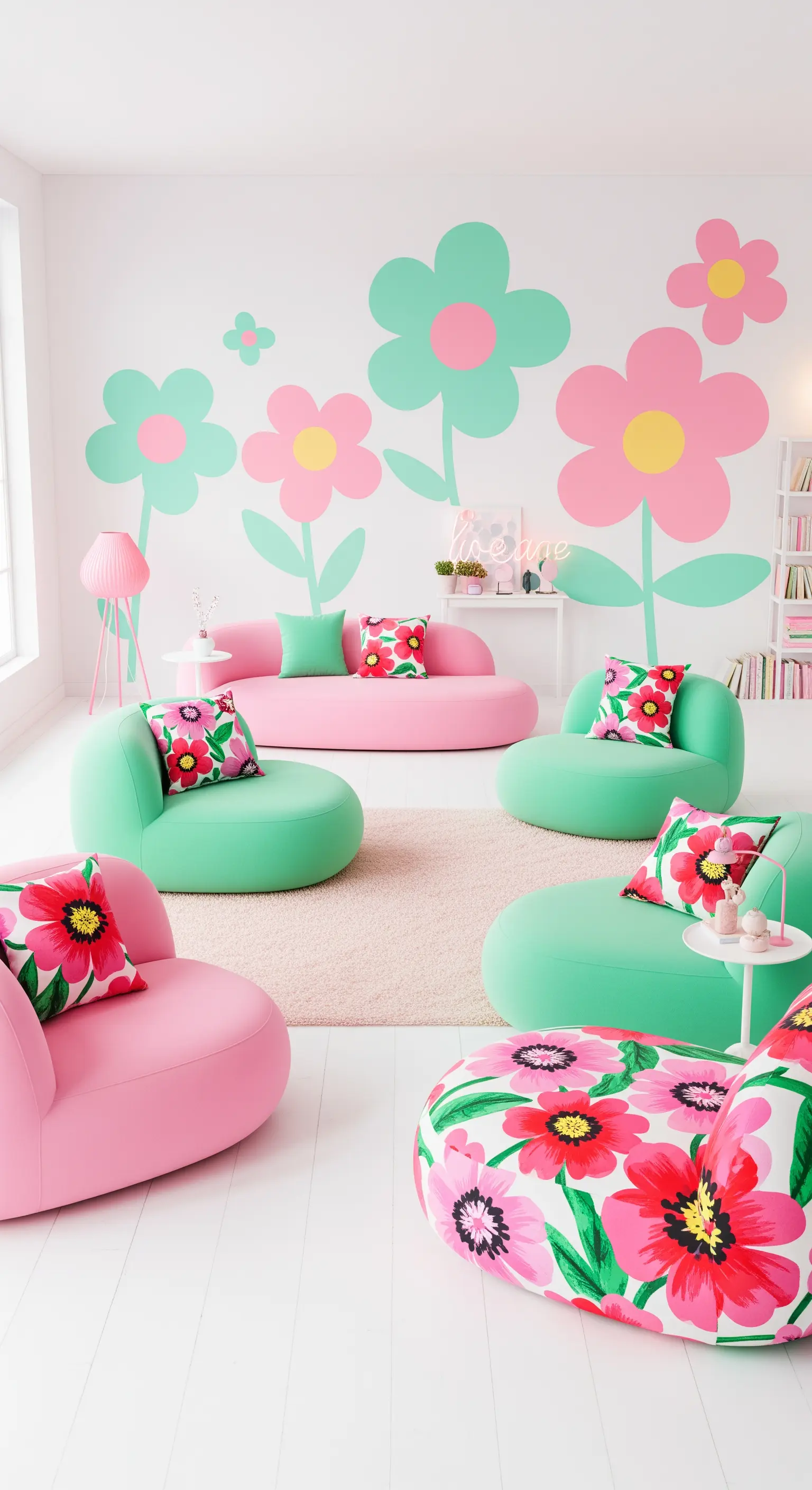 Salotto giocoso con arredi curvi rosa e verdi e grandi fiori stilizzati sulla parete.