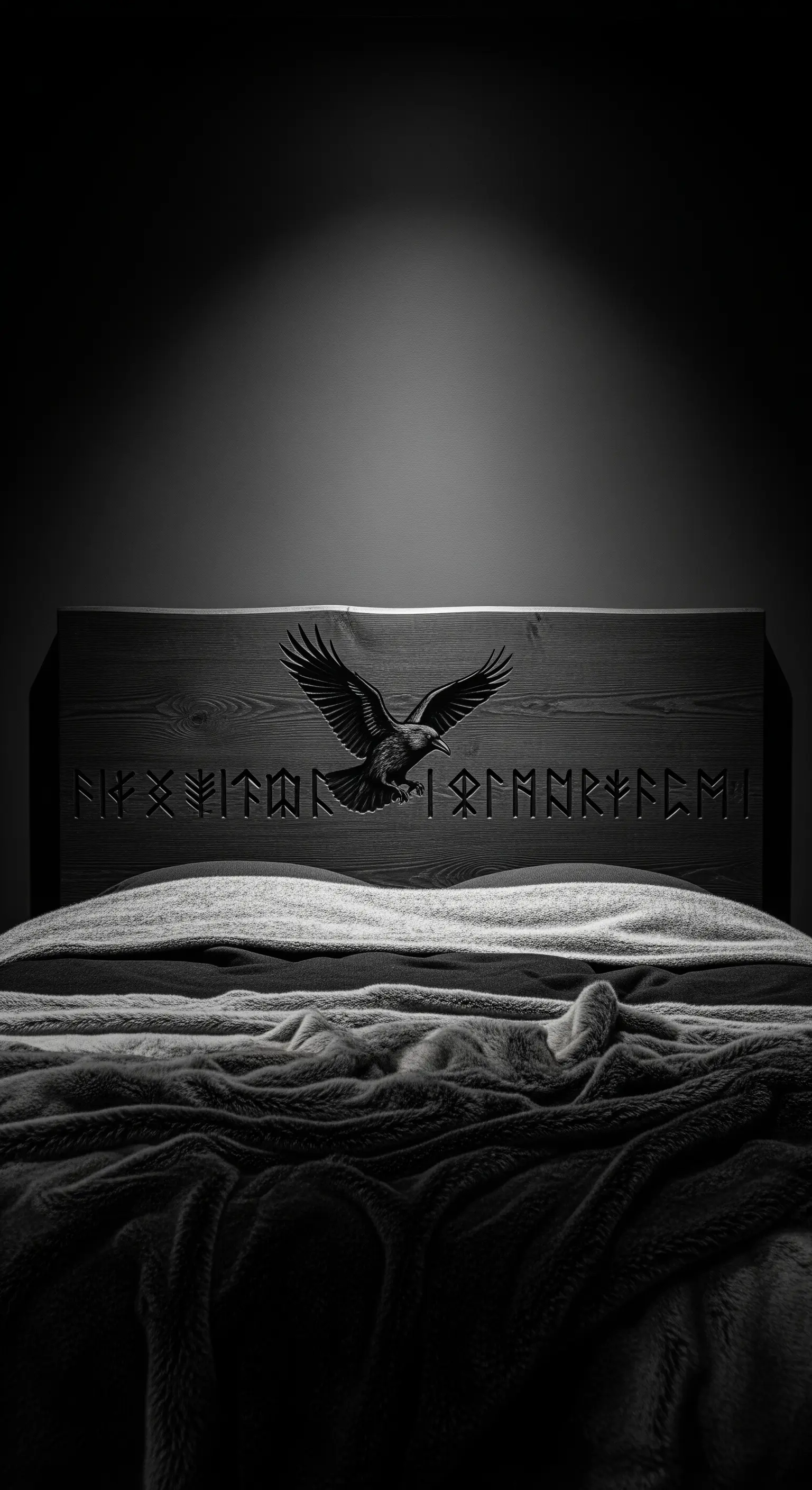 Testiera in legno scuro con incisione di un corvo e rune norrene, illuminata dall'alto.