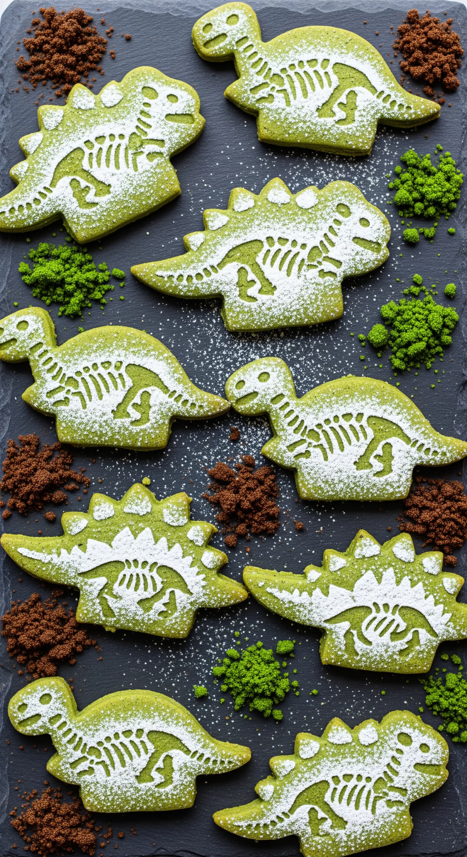 Biscotti verdi a forma di dinosauro decorati con uno scheletro di zucchero a velo.