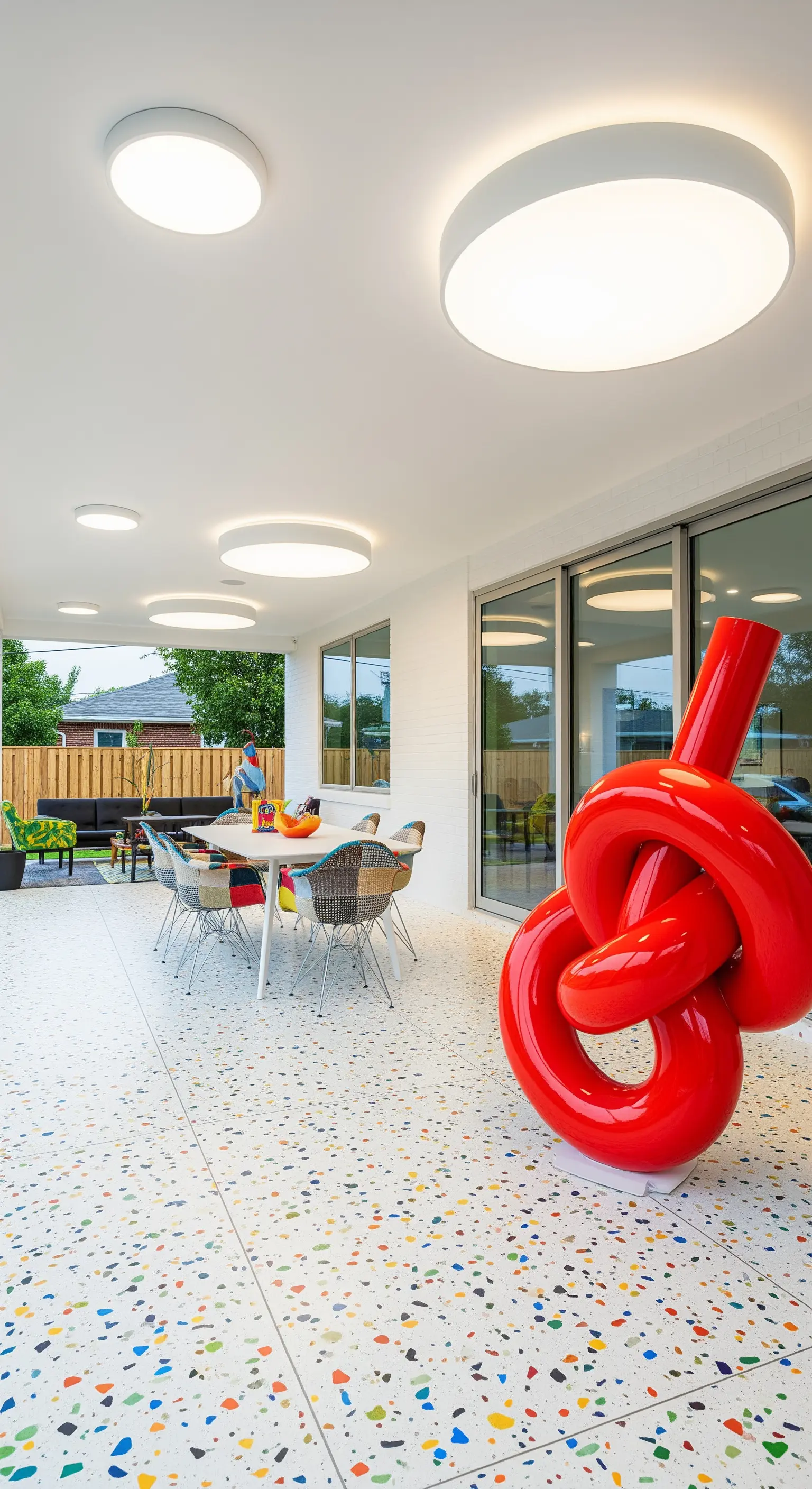 Patio con pavimento in terrazzo colorato e una grande scultura rossa a forma di nodo.