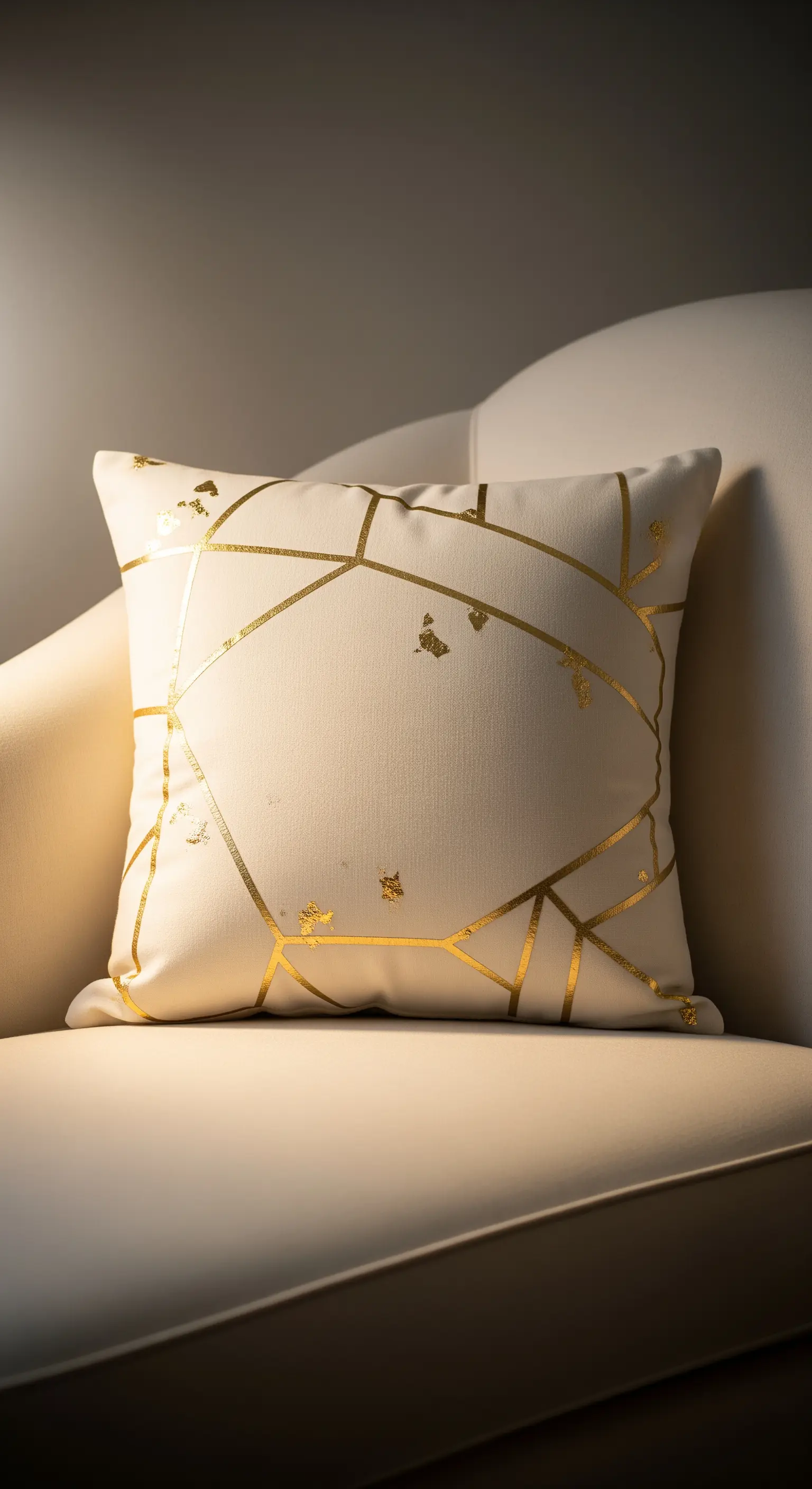 Cuscino color crema con un motivo geometrico astratto realizzato con foglia d'oro.