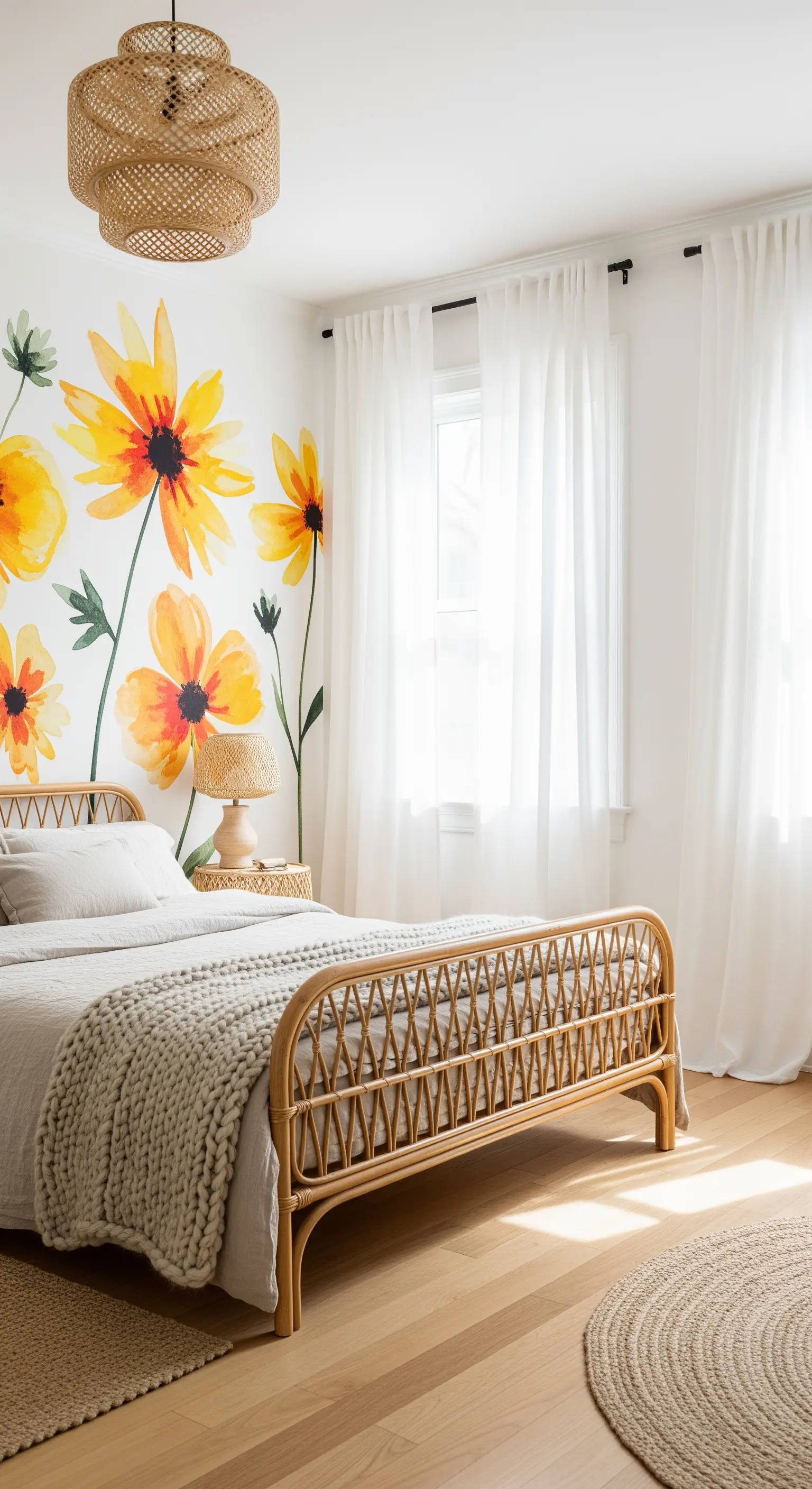 Camera da letto luminosa con murales di fiori gialli e arredi in rattan naturale.
