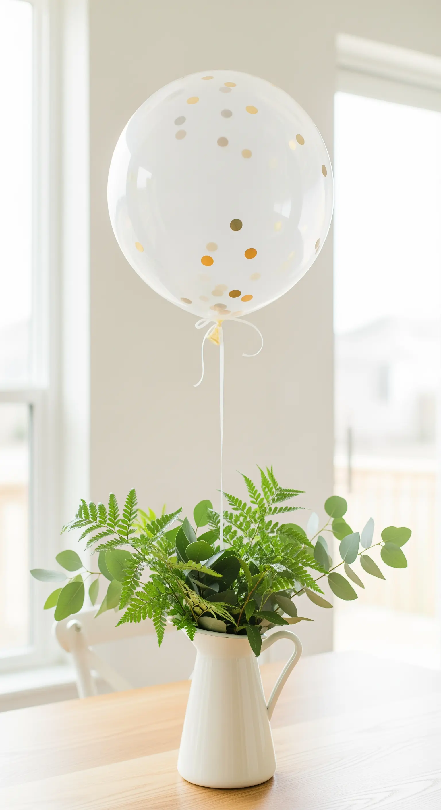 Brocca bianca con un bouquet di felce ed eucalipto, sormontata da un palloncino a pois dorati.