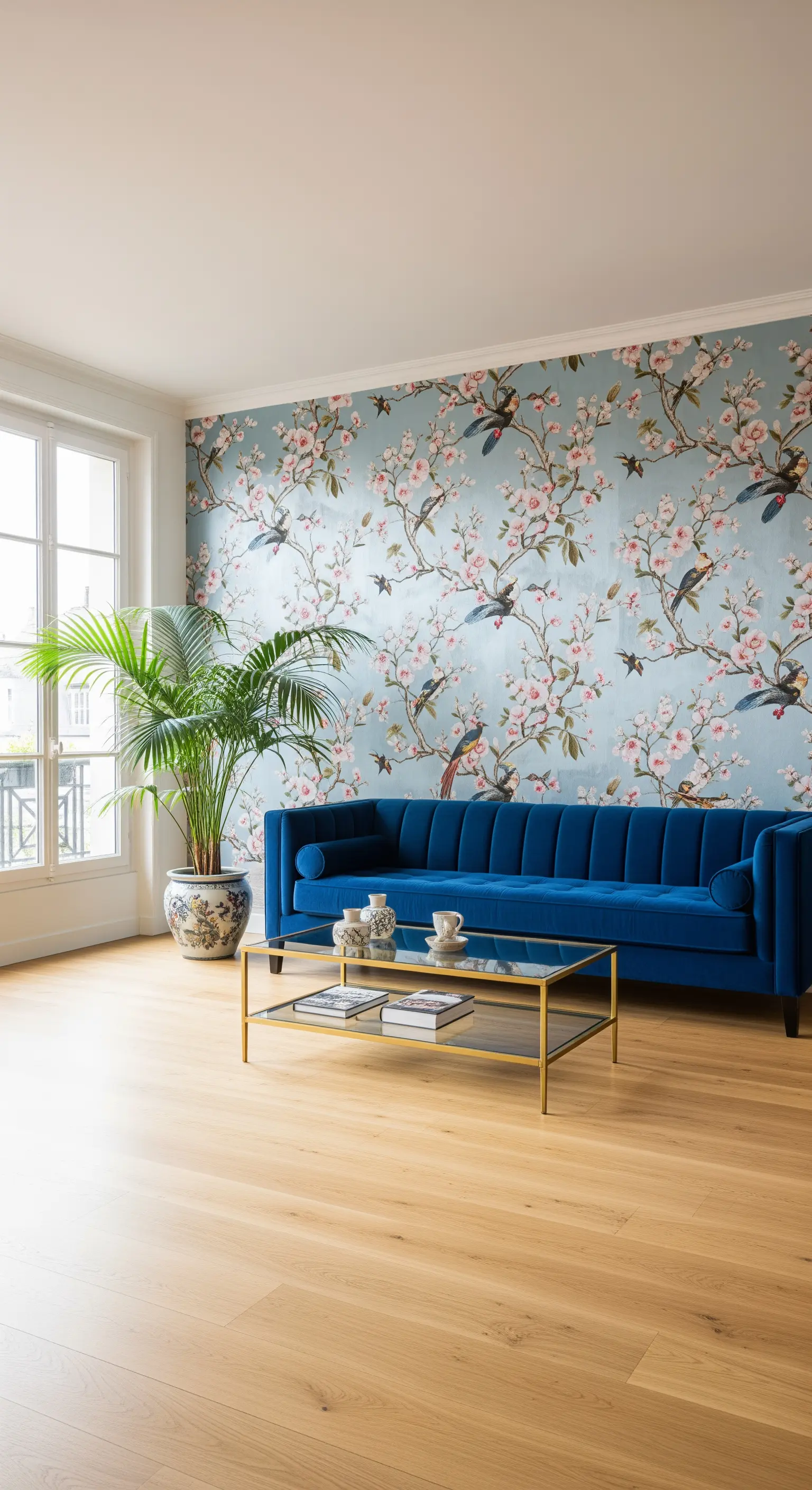 Soggiorno luminoso con carta da parati Chinoiserie e un divano in velluto blu elettrico.