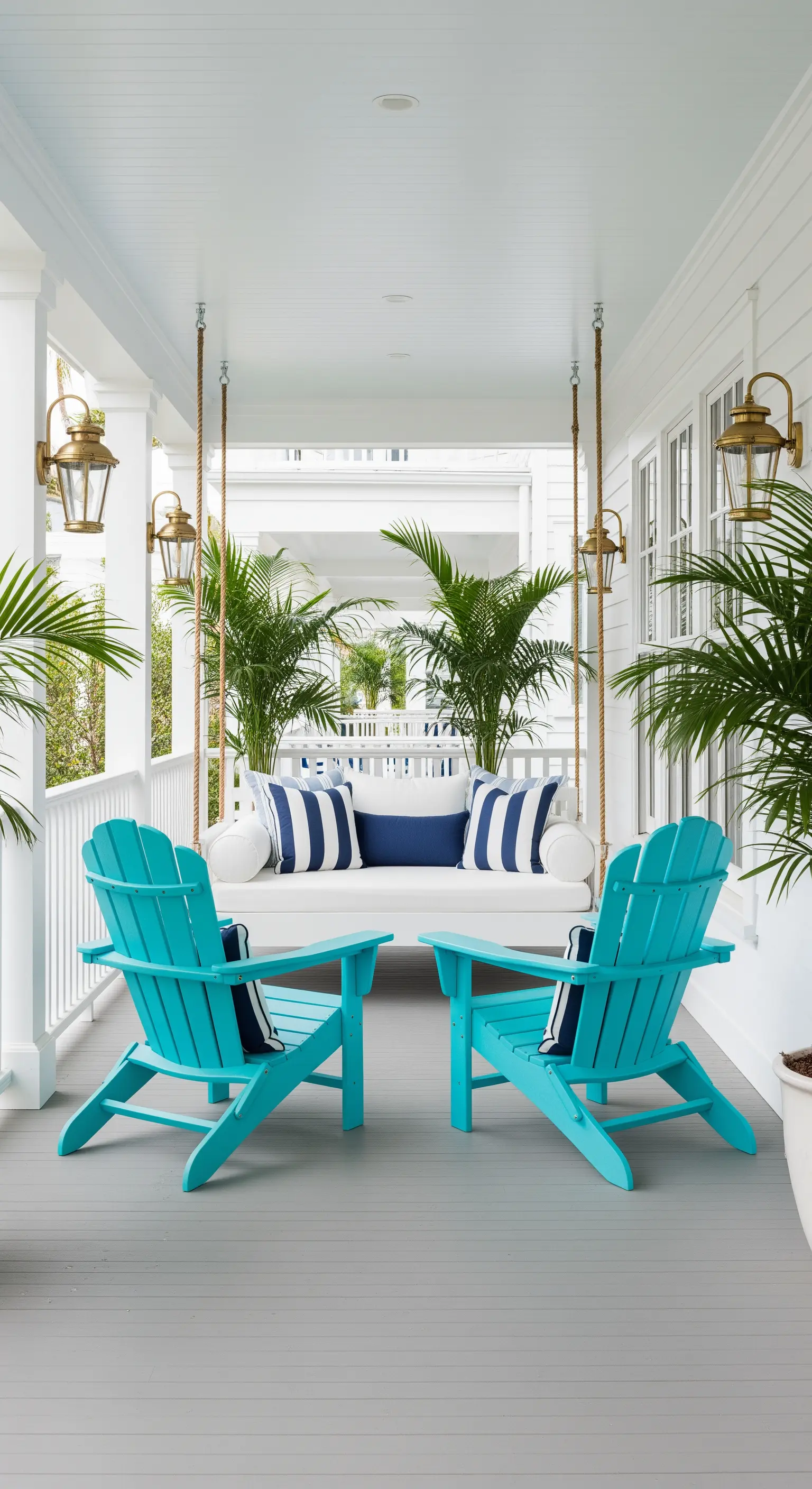 Portico bianco con sedie Adirondack turchesi, un dondolo sospeso e palme in vaso.