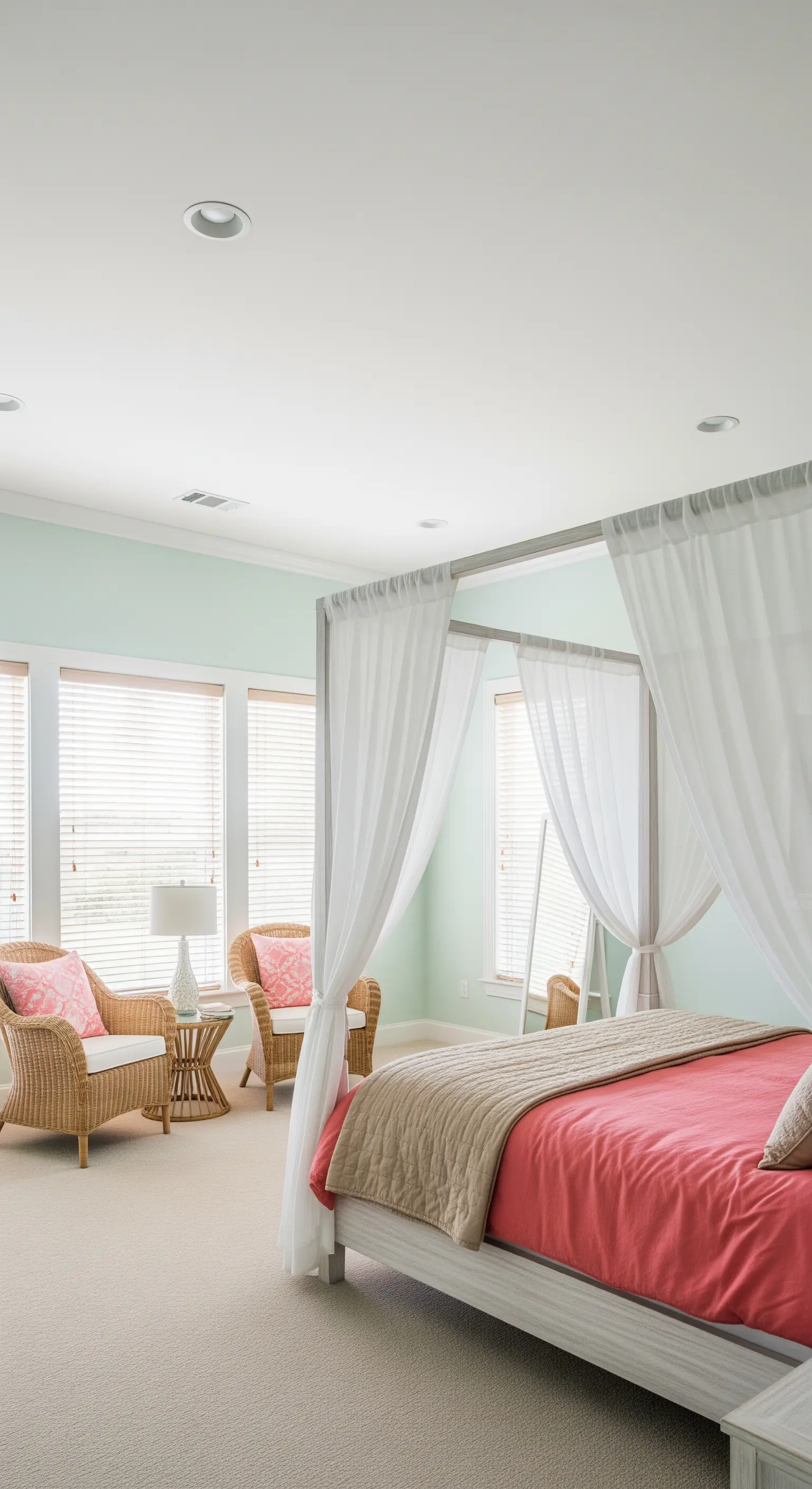 Camera da letto con pareti verde acqua, letto a baldacchino e accenti corallo.