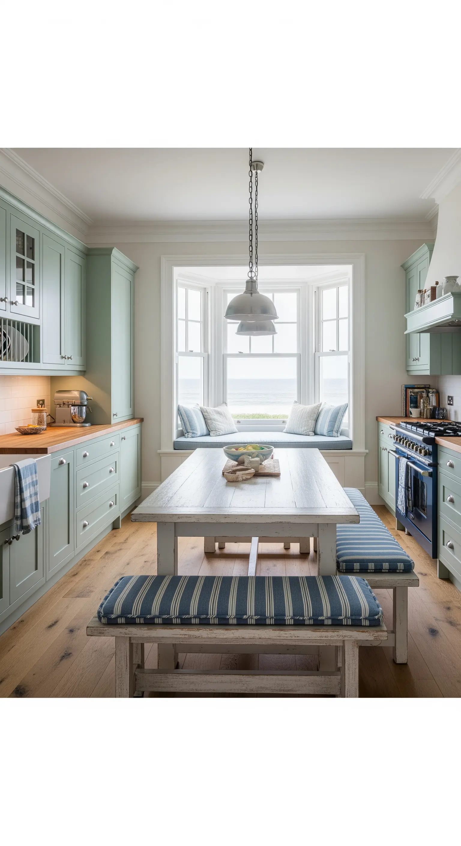 Cucina verde salvia con tavolo bianco, panche a righe e panca sotto la finestra a golfo.