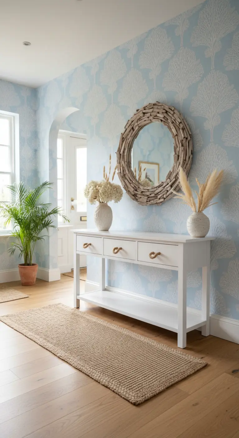 Ingresso in stile costiero con carta da parati azzurra, console bianca e specchio in legno sbiancato.