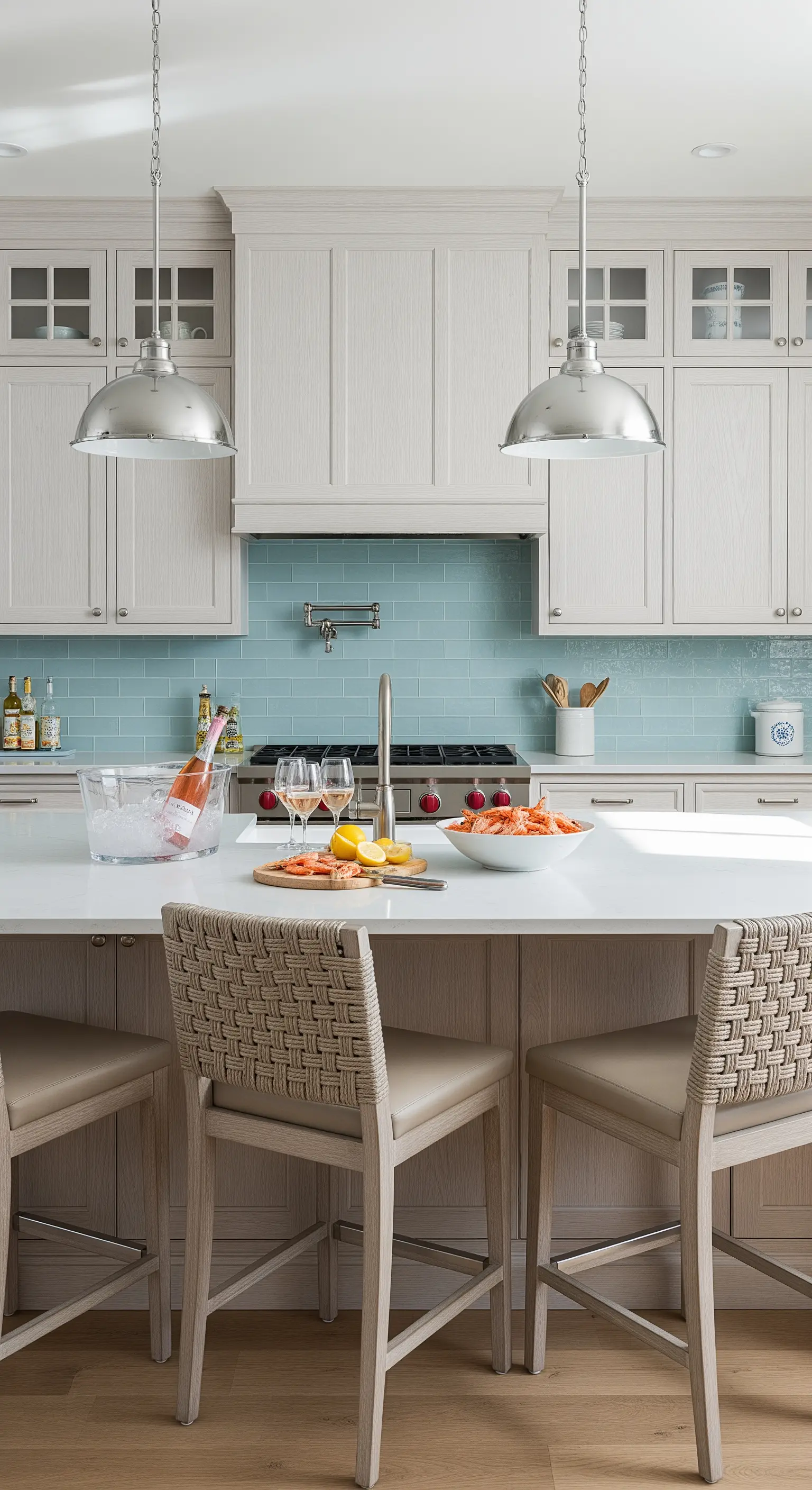 Cucina in stile costiero con piastrelle azzurre e sgabelli con schienale in pelle intrecciata.