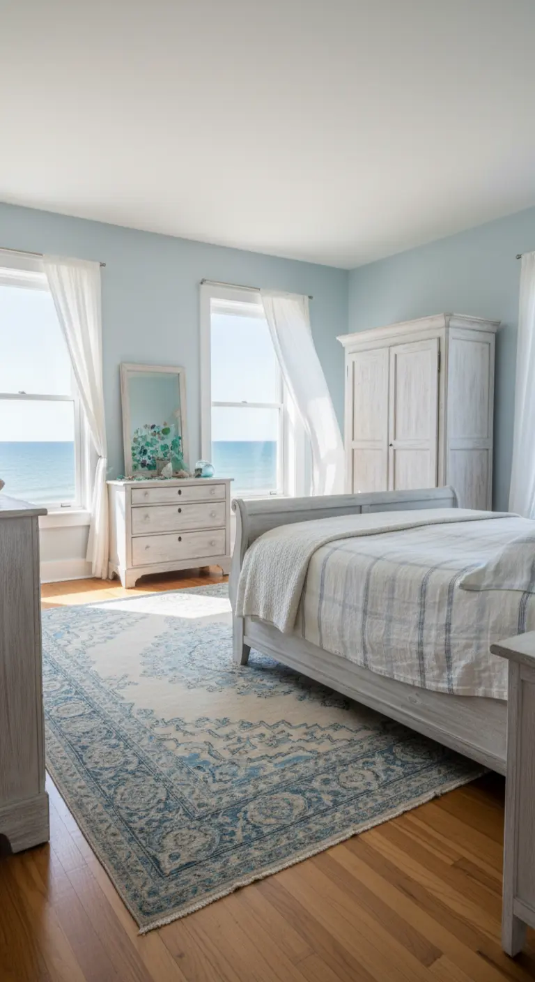 Camera da letto in stile costiero con mobili bianchi decapati e tappeto persiano blu e bianco.