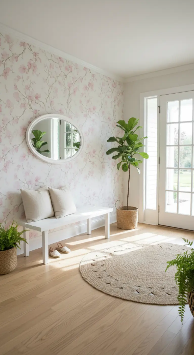 Ingresso luminoso con carta da parati a fiori di ciliegio rosa, panca bianca e tappeto di iuta.