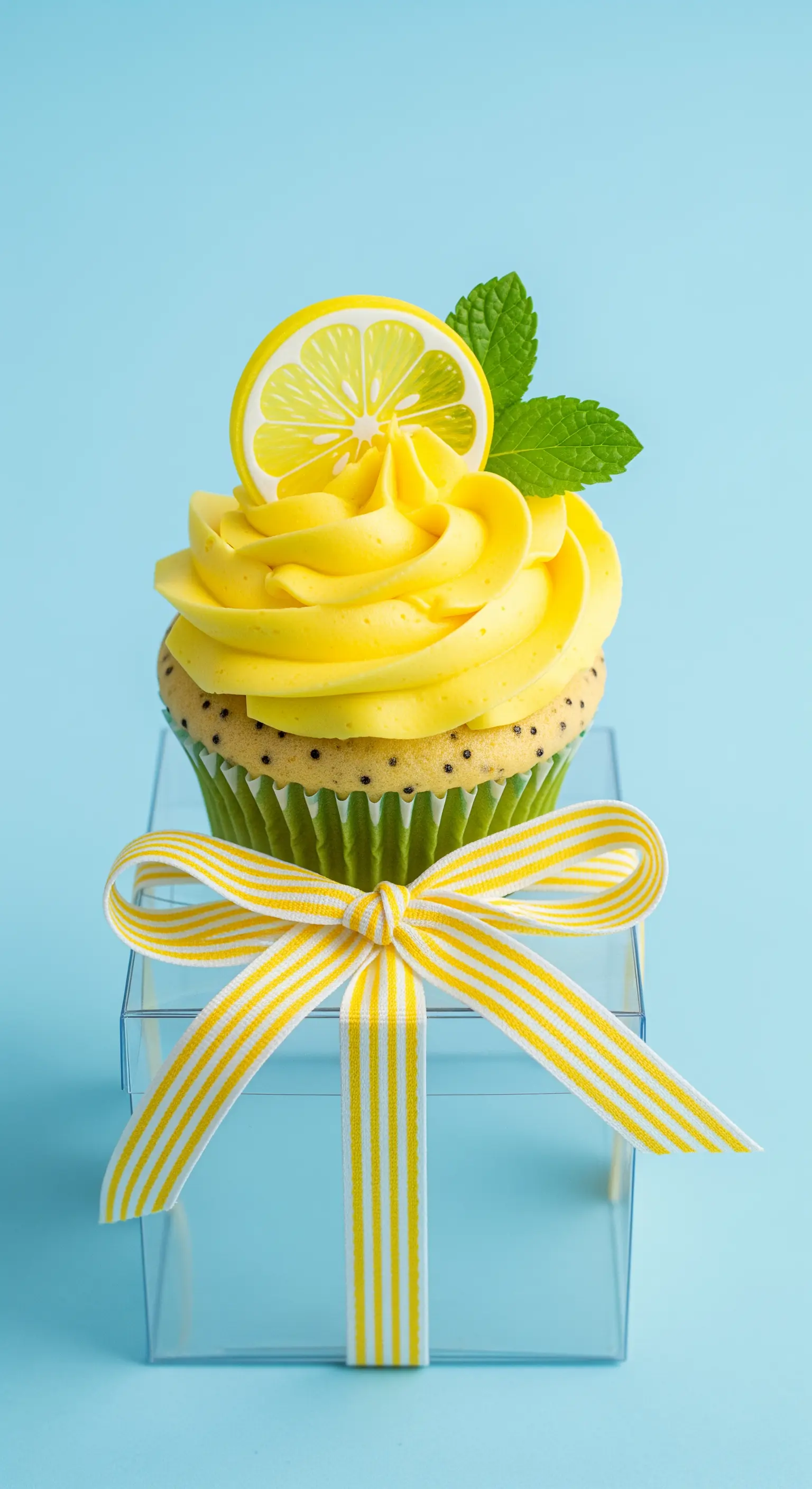 Cupcake al limone con nastro a righe gialle e bianche e decorazione alla menta.
