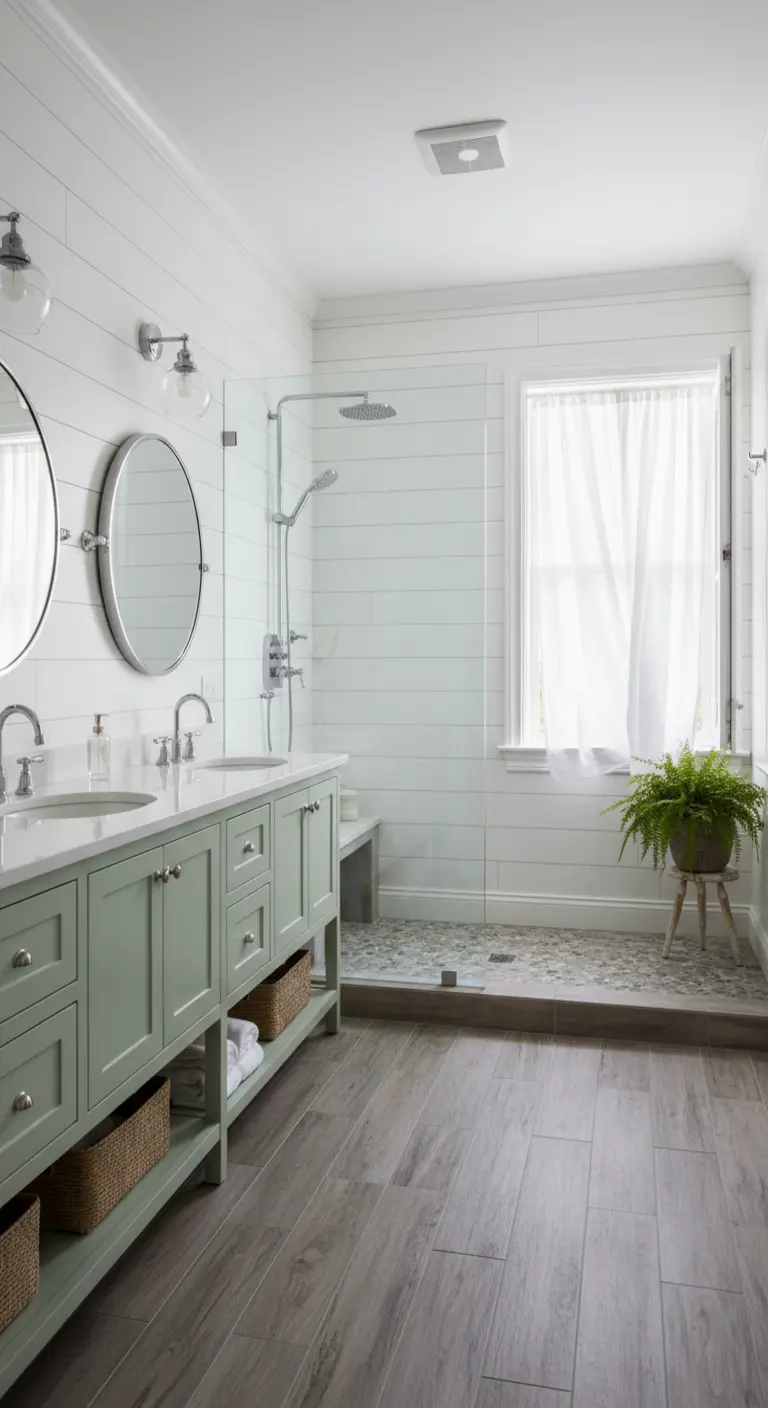 Bagno in stile farmhouse con pareti a perline bianche e mobile doppio verde salvia.