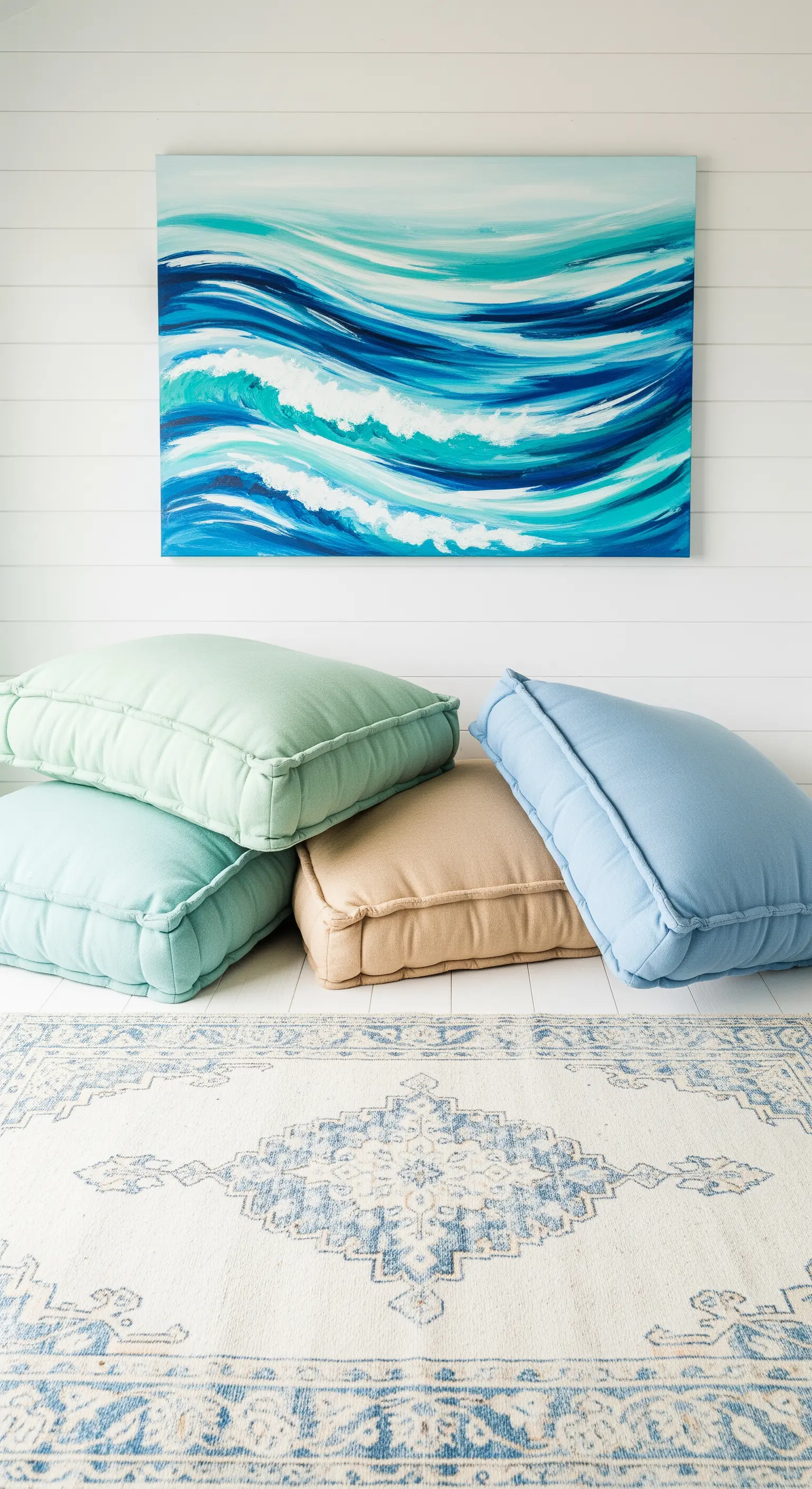 Cuscini da pavimento in toni acquamarina e sabbia abbinati a un quadro con onde marine e un tappeto bianco e blu.