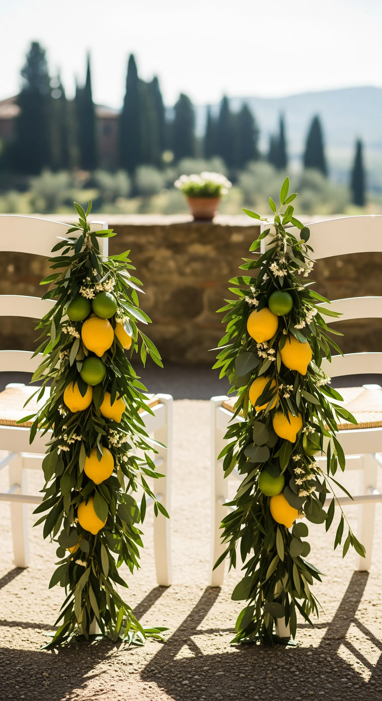 Sedie bianche decorate con lunghe ghirlande di foglie di ulivo, limoni e lime freschi.