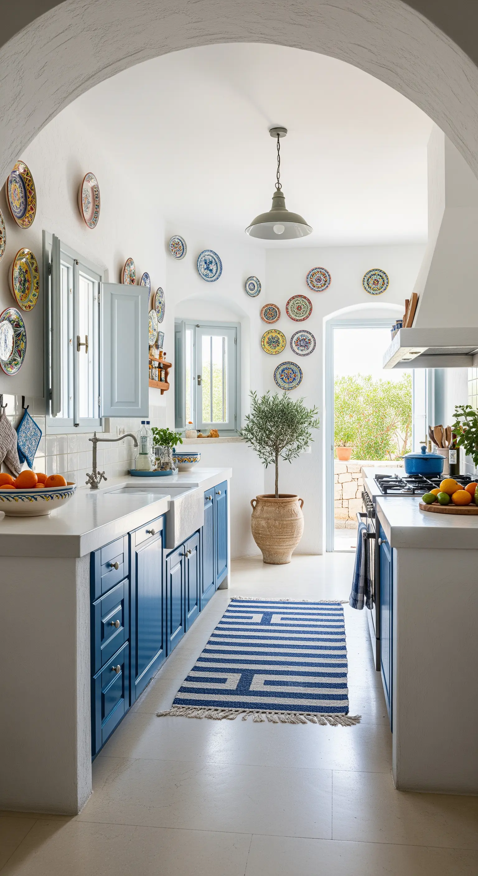 Cucina bianca e blu in stile greco con piatti in ceramica appesi al muro e un ulivo in vaso.