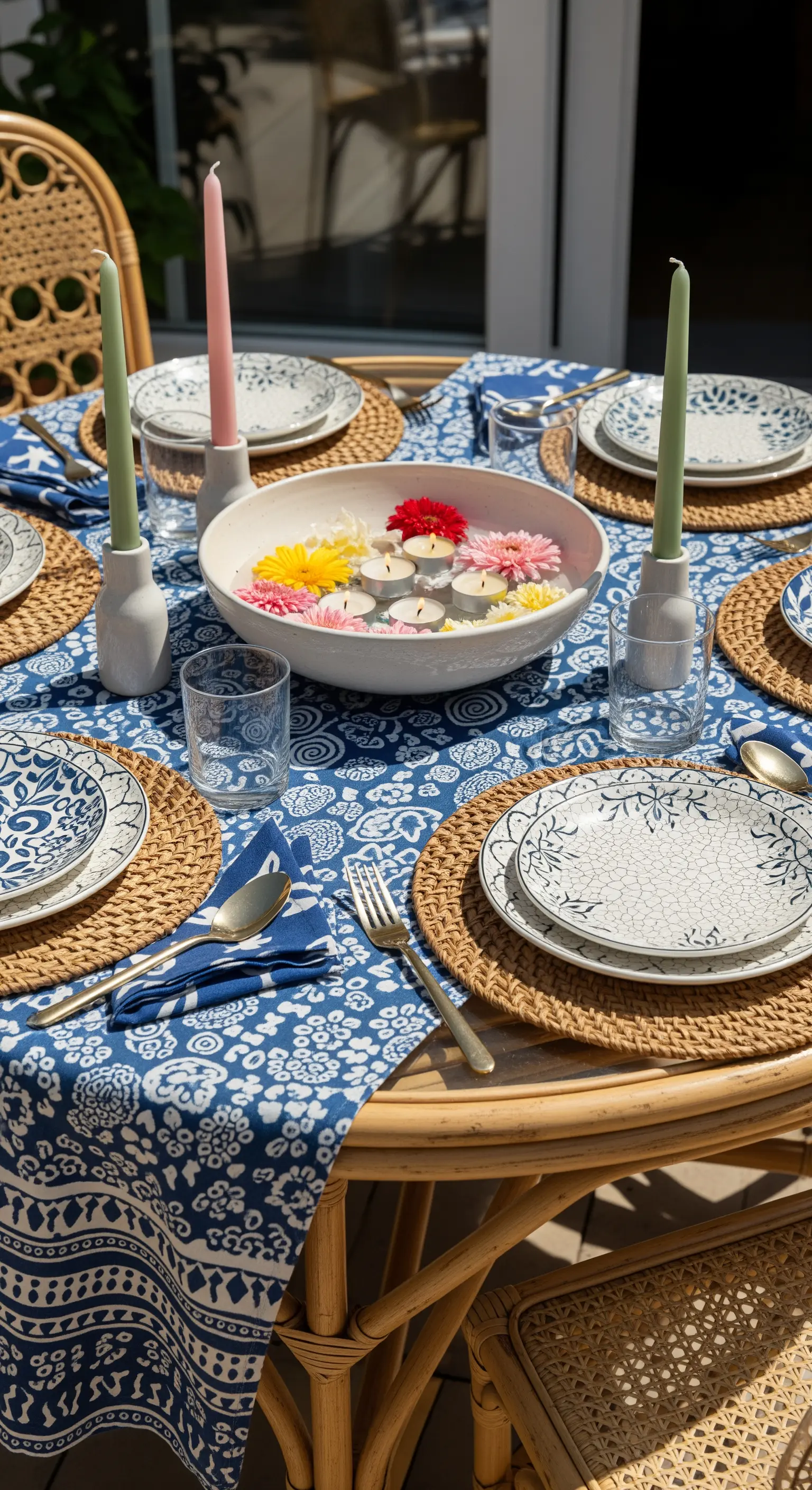 Tavola estiva con tovaglia blu, sottopiatti in rattan e centrotavola con fiori e candele galleggianti