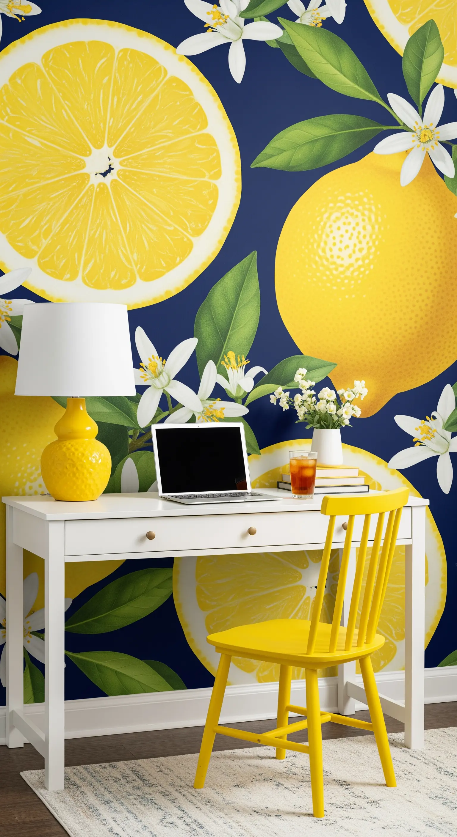 Scrivania bianca con sedia gialla davanti a una parete blu scuro con carta da parati a tema limoni.