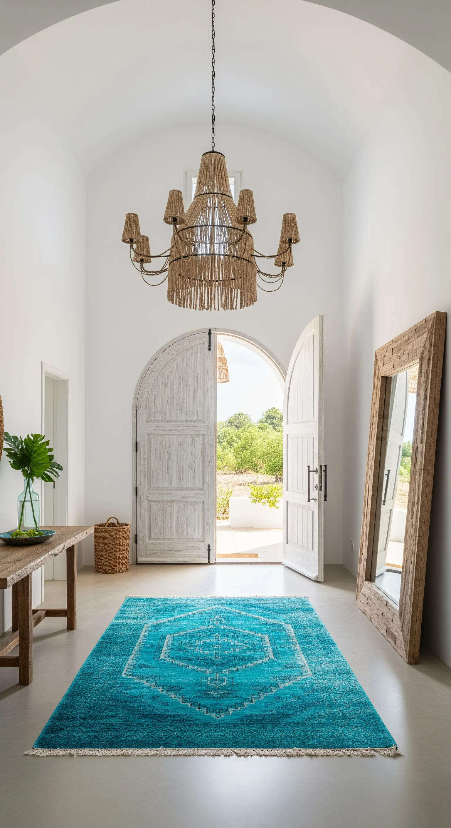Ingresso di una villa mediterranea con porta sbiancata, tappeto turchese e lampadario in rattan.