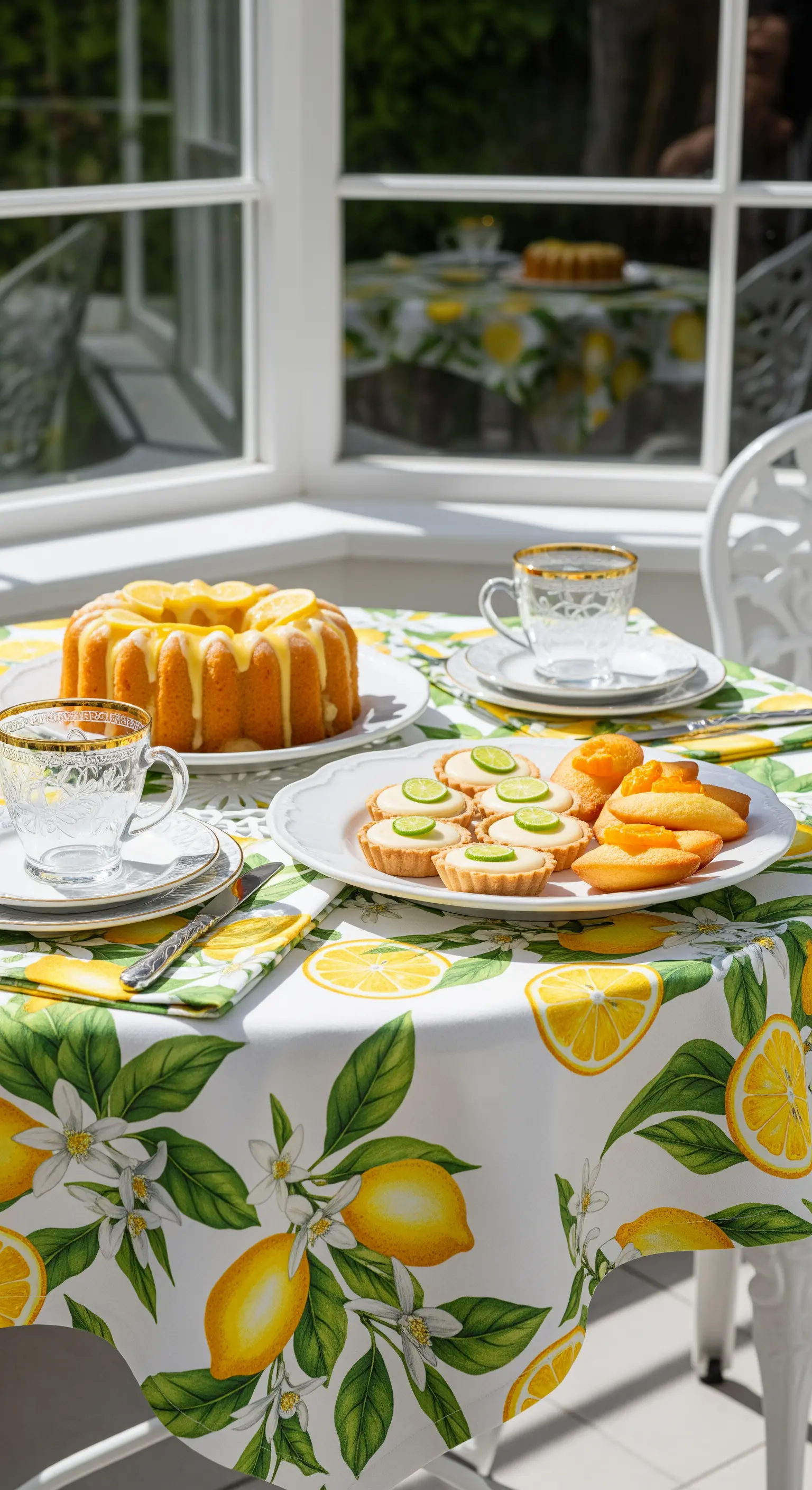 Tavola da tè estiva con tovaglia a stampa di limoni, dolci e tazze di vetro