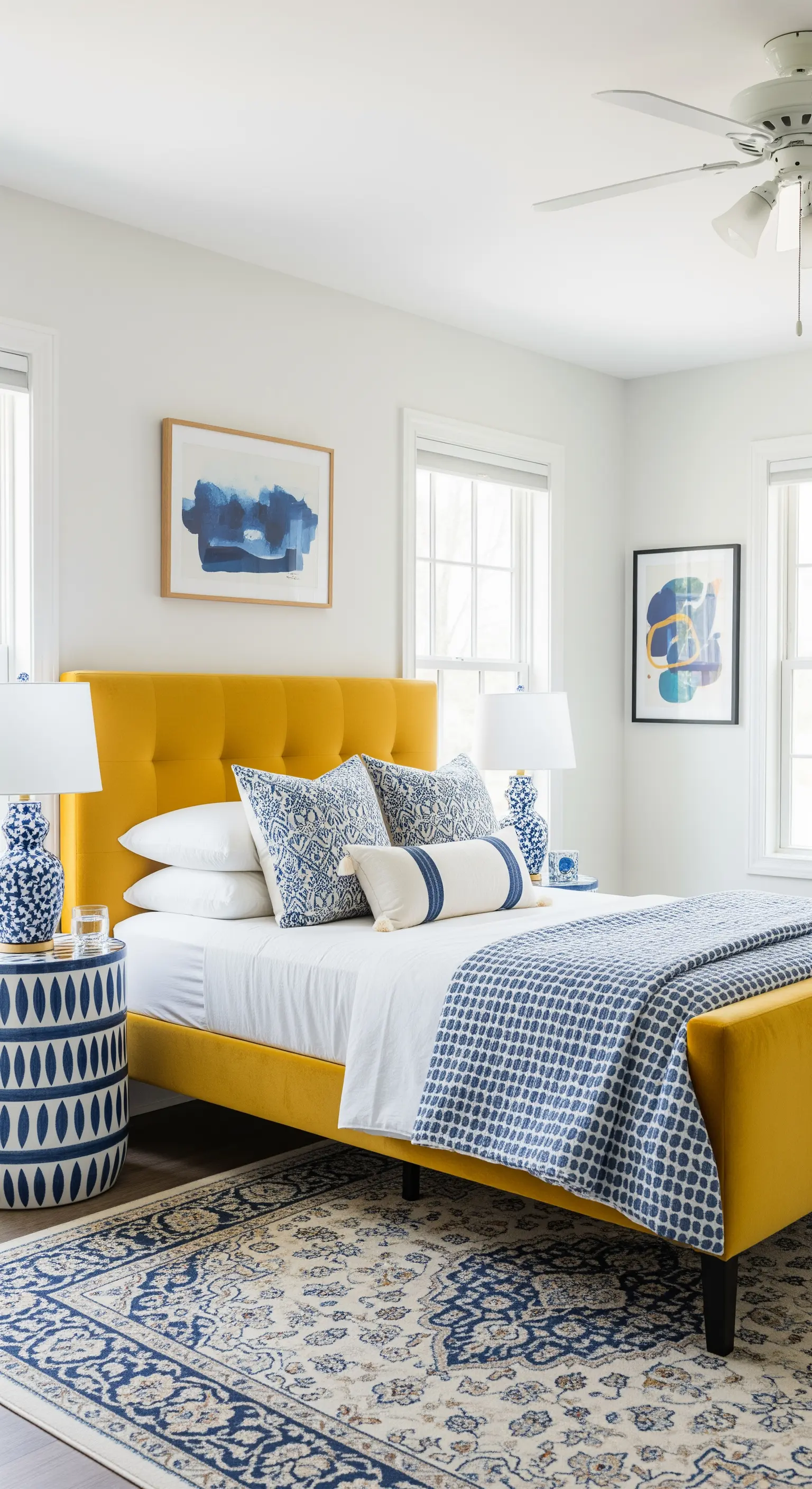 Letto in velluto giallo con comodini e cuscini blu e bianchi.