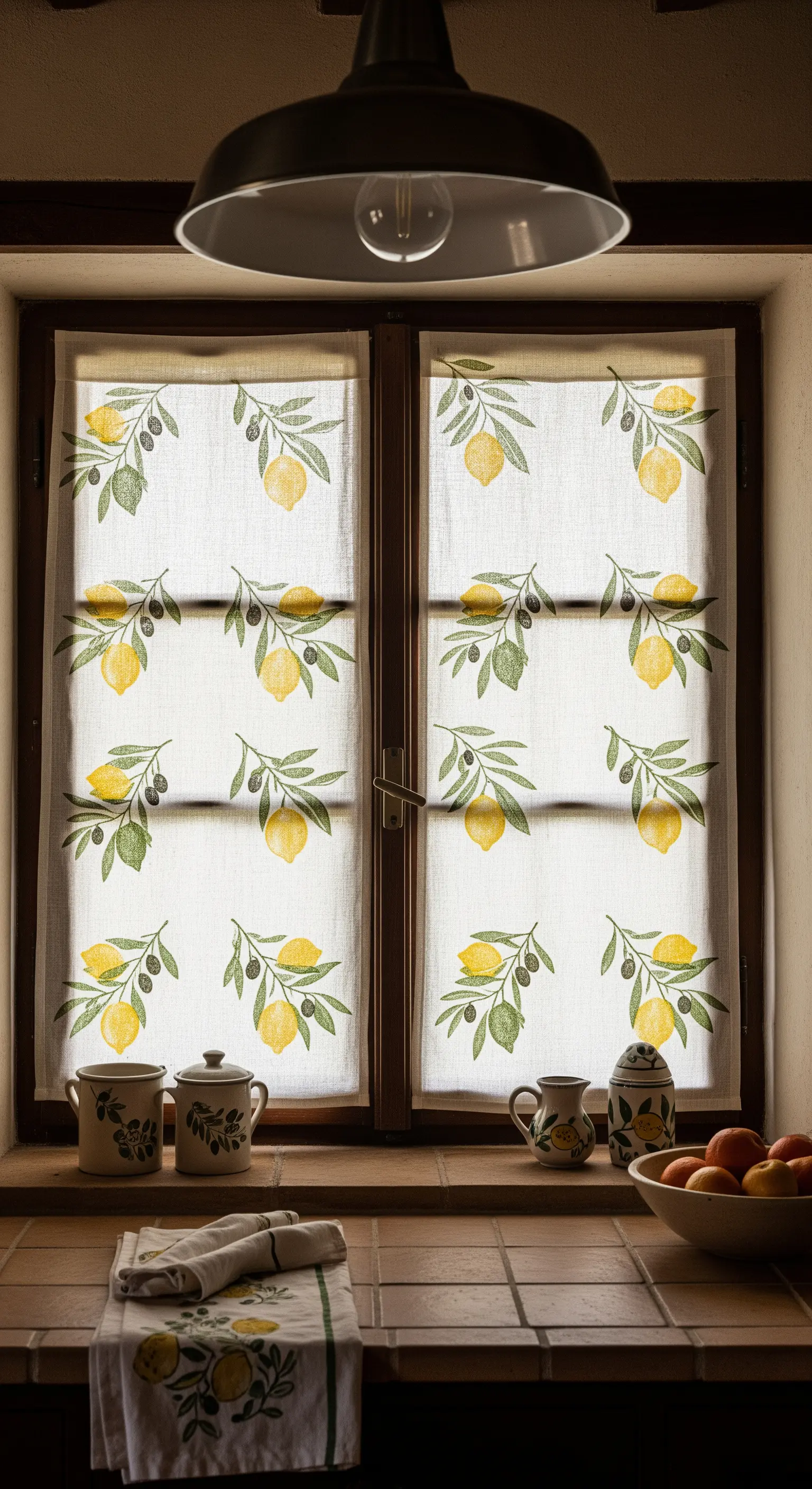 Tendine da cucina in lino grezzo con un motivo di rami di limone e ulivo stampati.