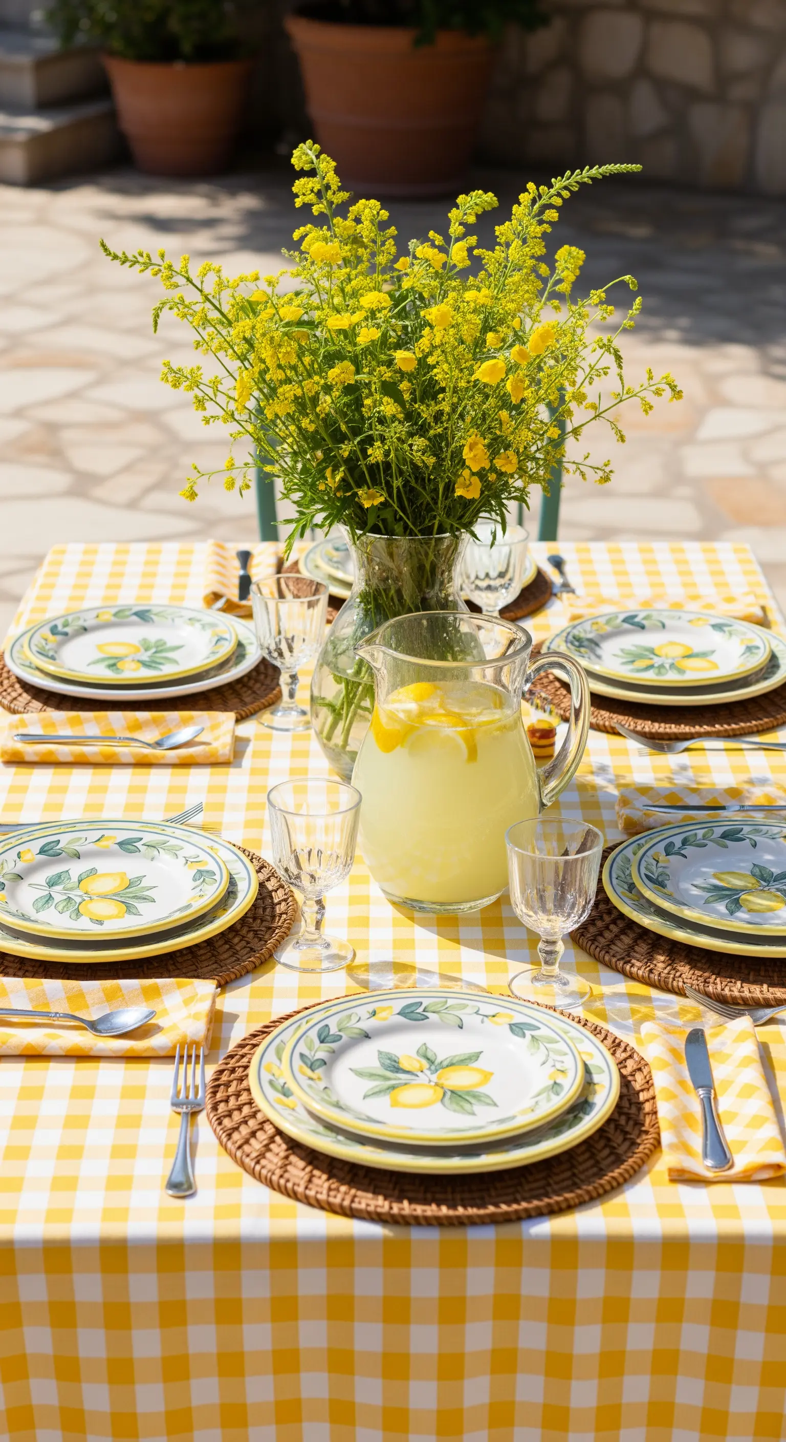 Tavola estiva con tovaglia a quadri gialli, piatti decorati con limoni e fiori freschi.